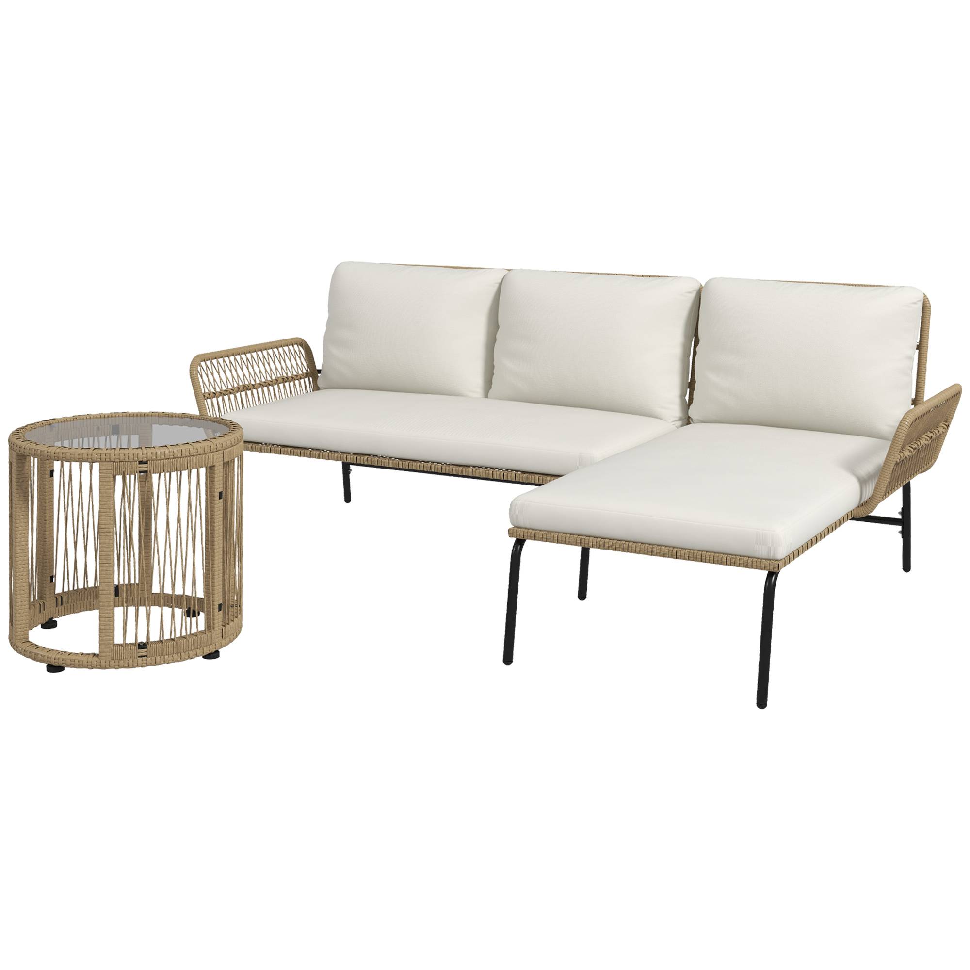 Sans Marque - Salon de jardin extérieur d'angle 3 places en résine tressée avec canapés, chaise longue, table basse et coussins, crème - Image 2