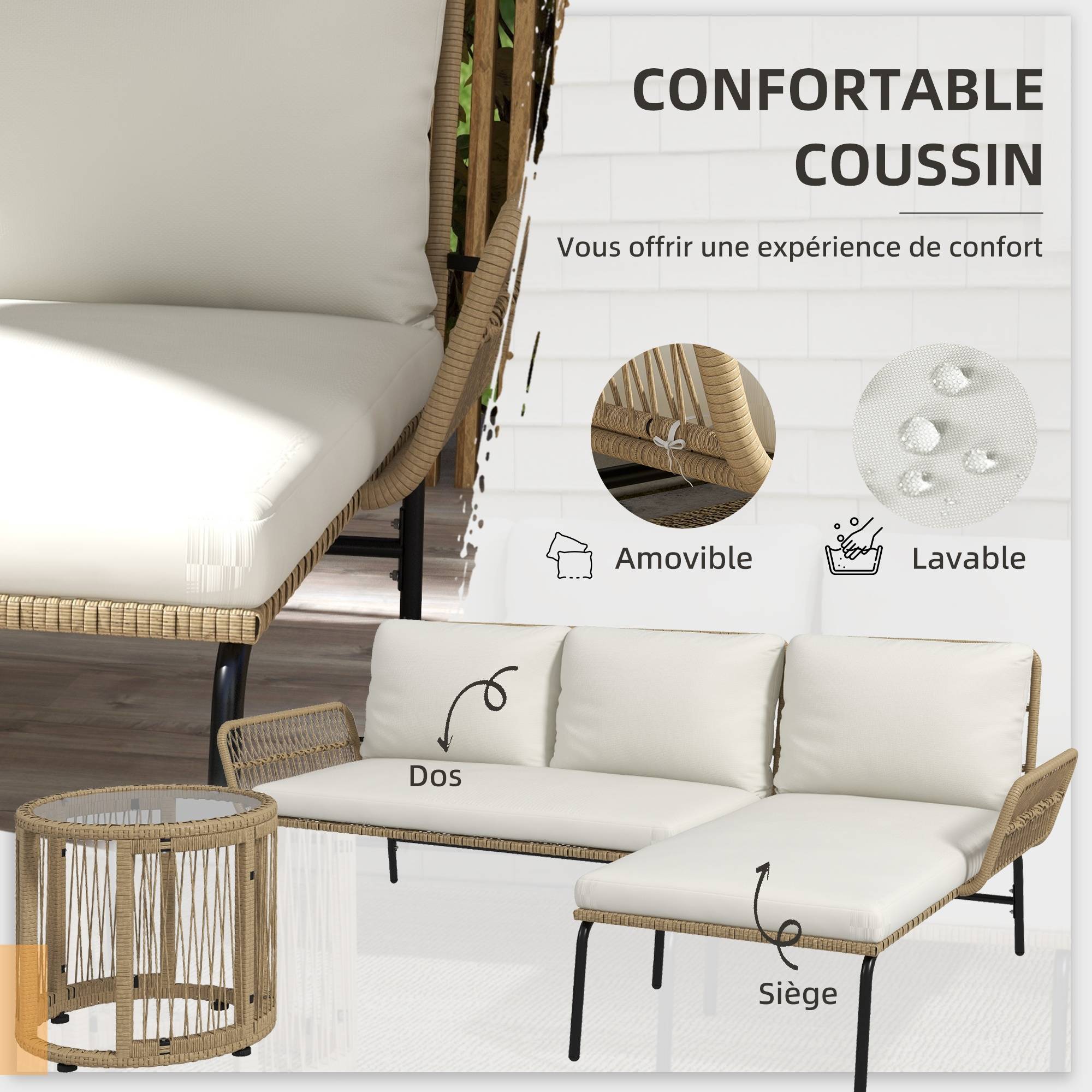 Sans Marque - Salon de jardin extérieur d'angle 3 places en résine tressée avec canapés, chaise longue, table basse et coussins, crème - Image 7
