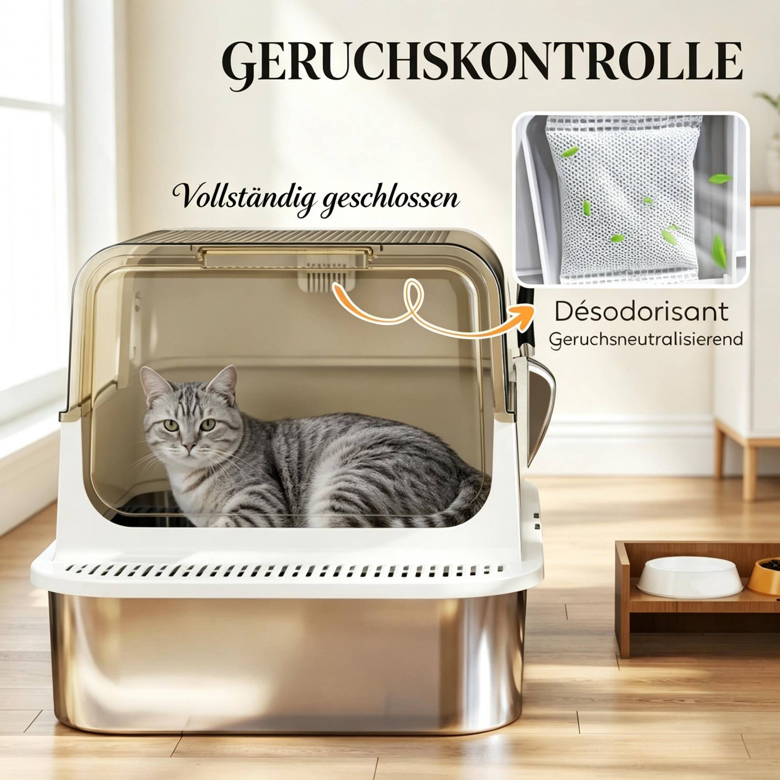 ComfortXL - Maison de toilette XL pour chat en acier inoxydable blanc 70 x 50 x 46,5 cm fermée avec contrôle des odeurs - Image 7