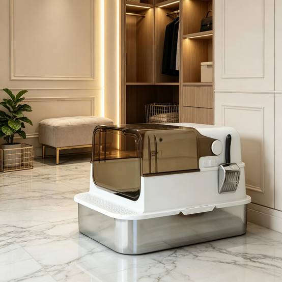 ComfortXL - Maison de toilette XL pour chat en acier inoxydable blanc 70 x 50 x 46,5 cm fermée avec contrôle des odeurs - Image 4