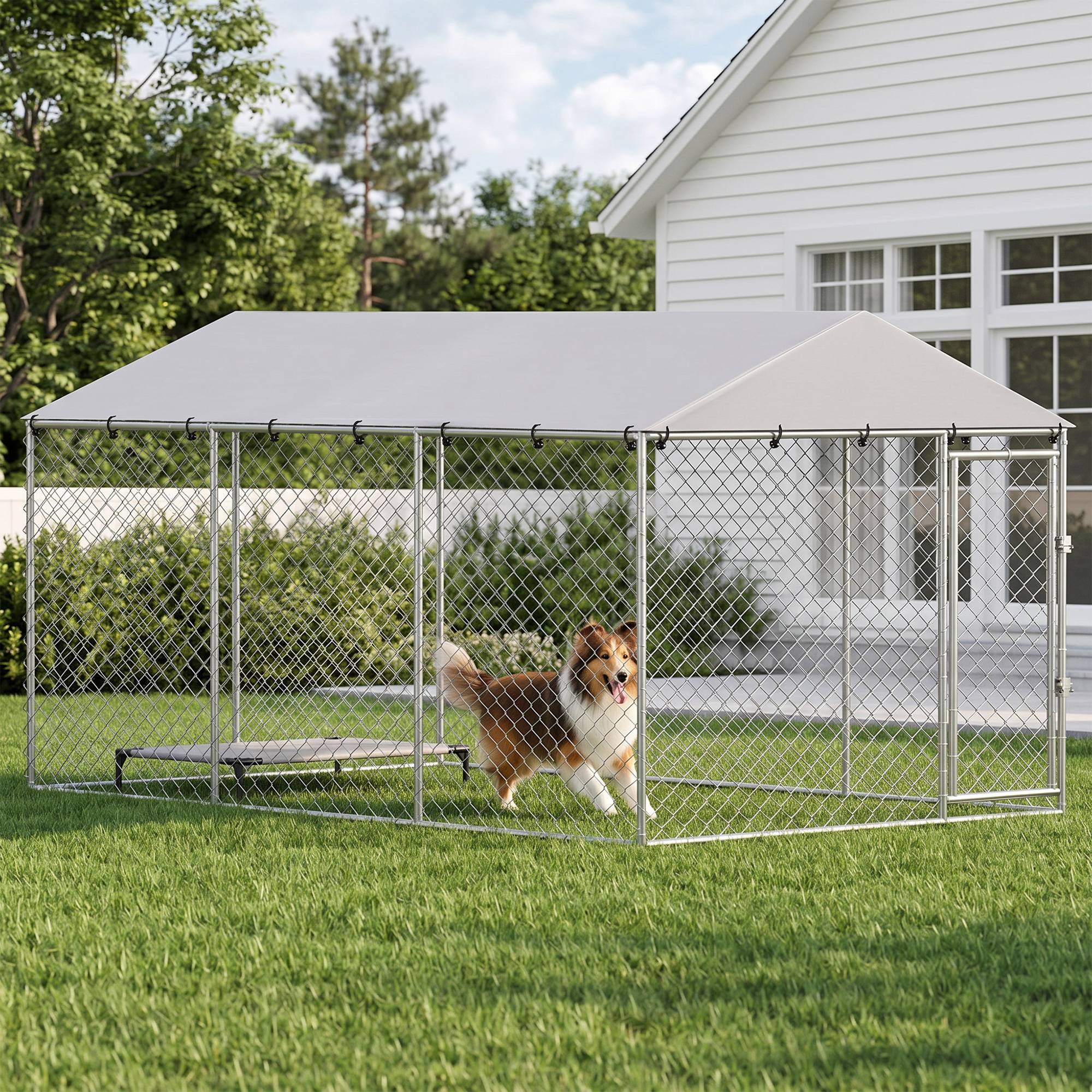 Parc extérieur pour chien avec grillage galvanisé et système de verrouillage, acier et tissu Oxford, 4 x 2,3 x 2 m, argent - Image 10