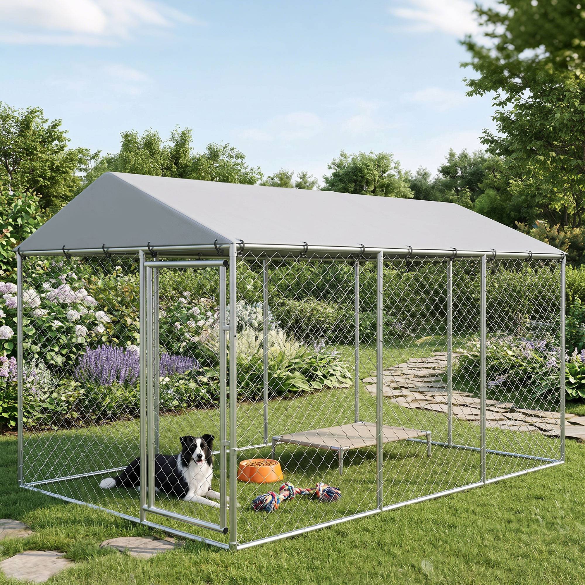 Parc extérieur pour chien avec grillage galvanisé et système de verrouillage, acier et tissu Oxford, 4 x 2,3 x 2 m, argent - Image 4