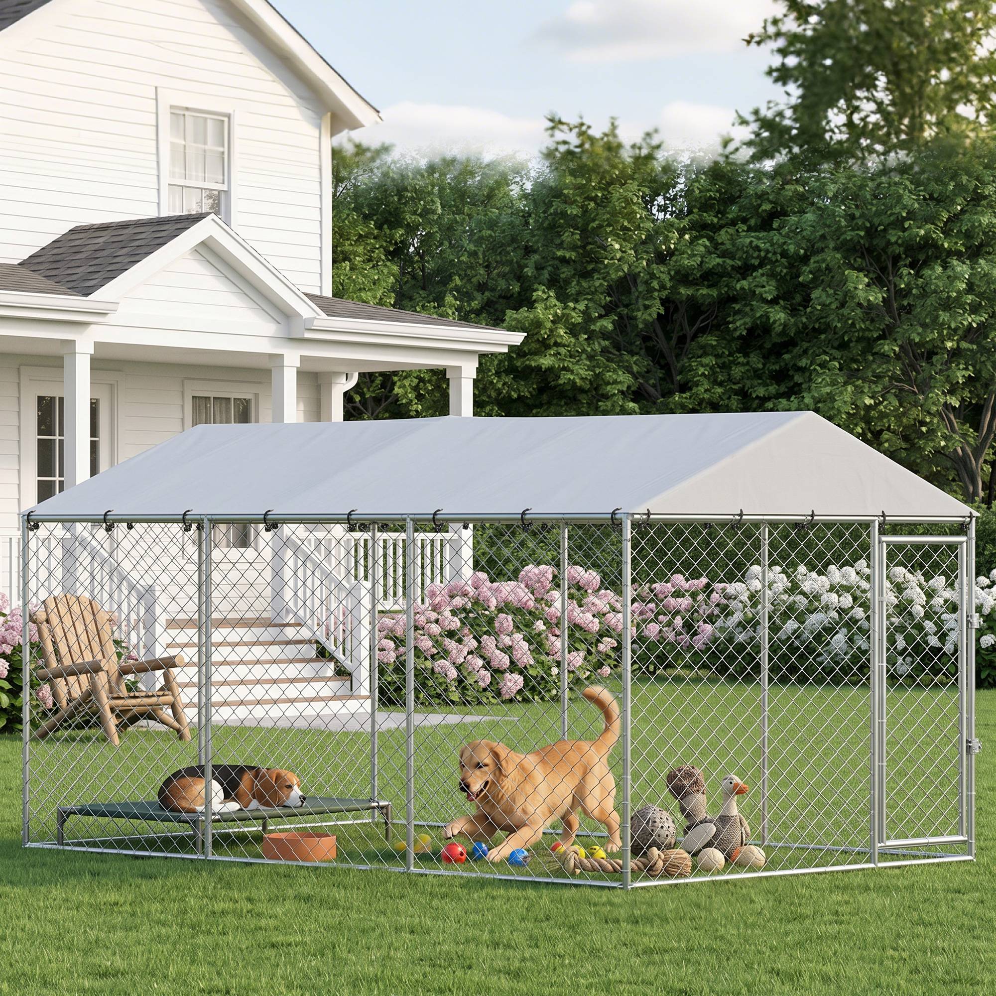Parc extérieur pour chien avec grillage galvanisé et système de verrouillage, acier et tissu Oxford, 4 x 2,3 x 2 m, argent - Image 3