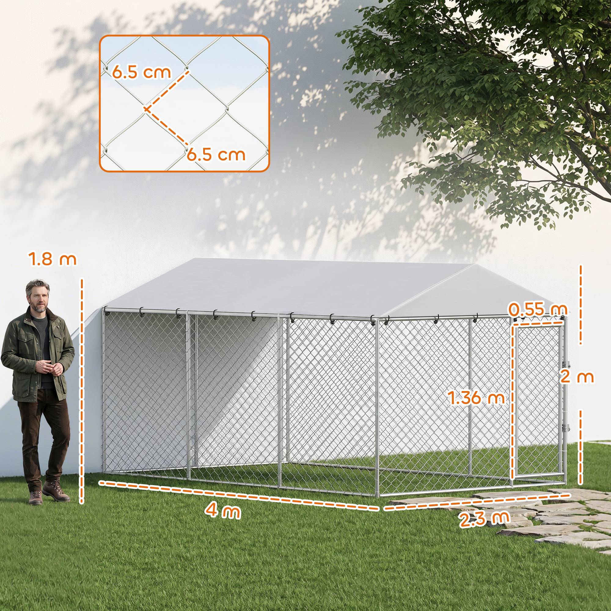Parc extérieur pour chien avec grillage galvanisé et système de verrouillage, acier et tissu Oxford, 4 x 2,3 x 2 m, argent - Image 5
