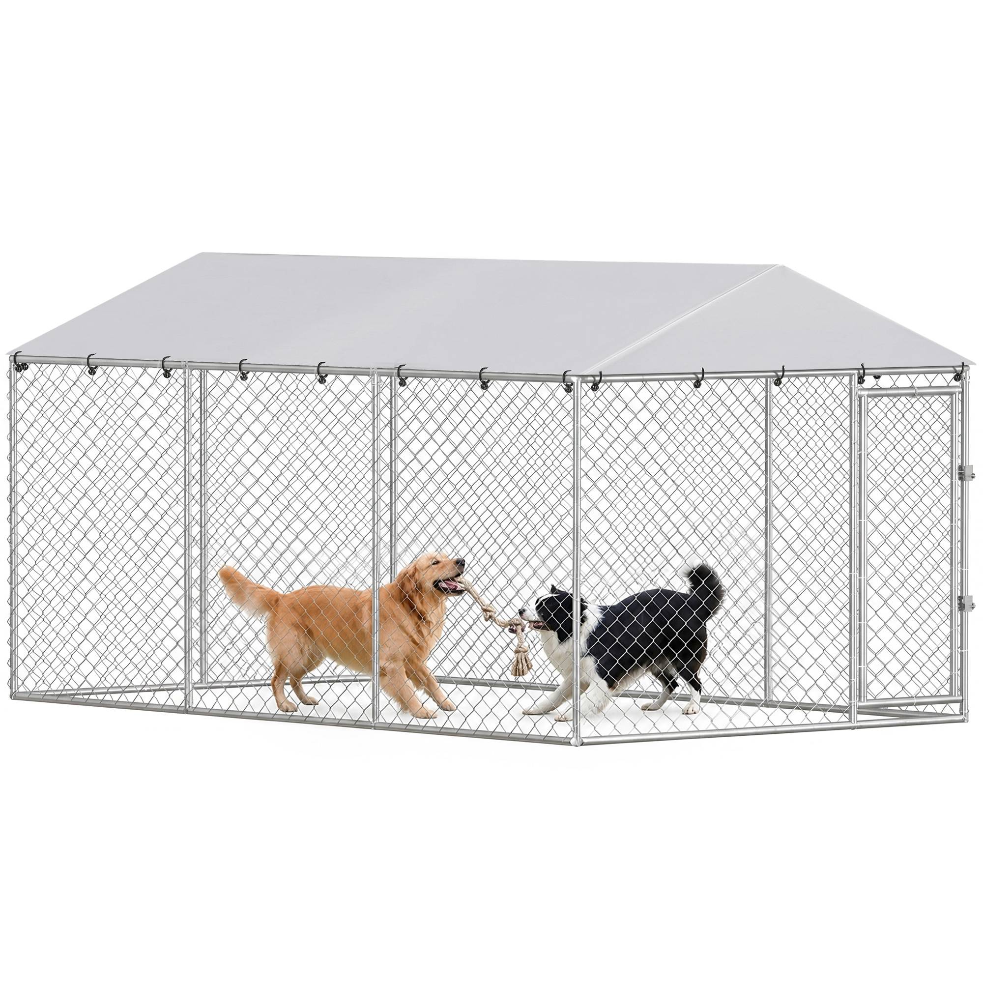 Parc extérieur pour chien avec grillage galvanisé et système de verrouillage, acier et tissu Oxford, 4 x 2,3 x 2 m, argent - Image 1
