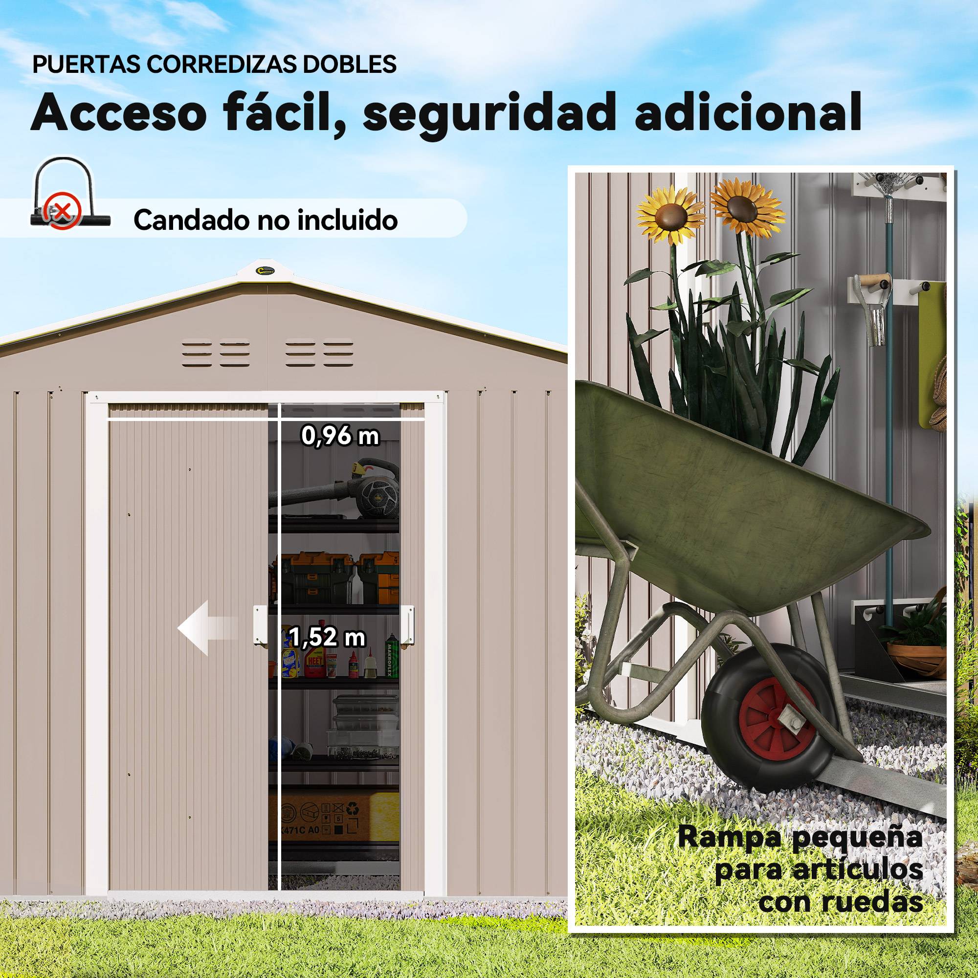 Abri de jardin 4,9 m² (277 x 195 x 192 cm) avec 2 portes coulissantes, toit en fibre de verre et 4 fenêtres, gris clair - Image 7