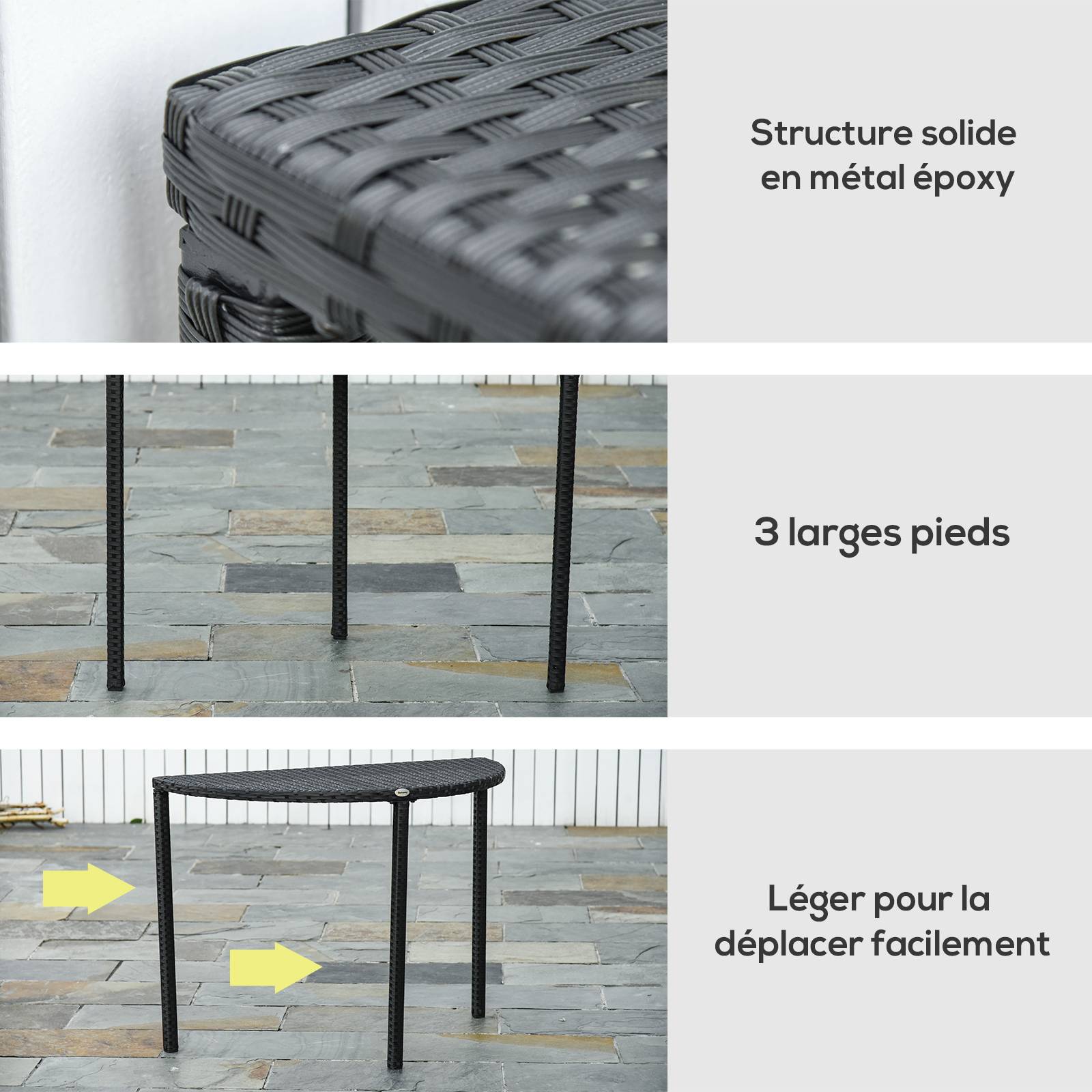 ComfortXL - Table demi-lune Résine tressée Balcon Jardin Gain de place 100x50cm Noir - ComfortXL Outdoor Living - Image 8