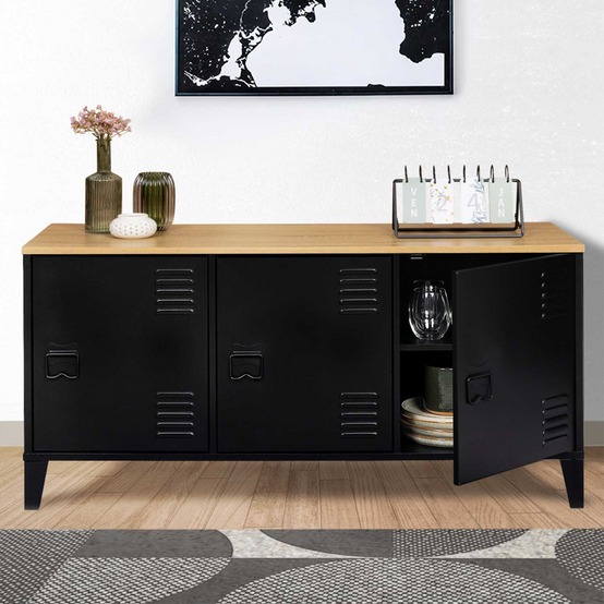Buffet bas 113 cm ESTER 3 portes métal noir plateau bois design industriel - Image 4
