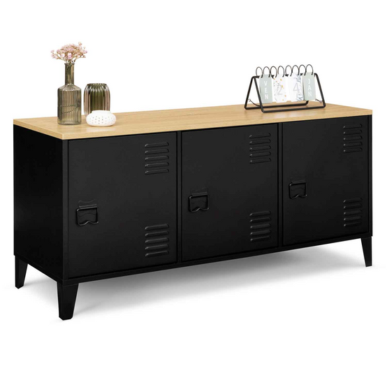 Buffet bas 113 cm ESTER 3 portes métal noir plateau bois design industriel - Image 2