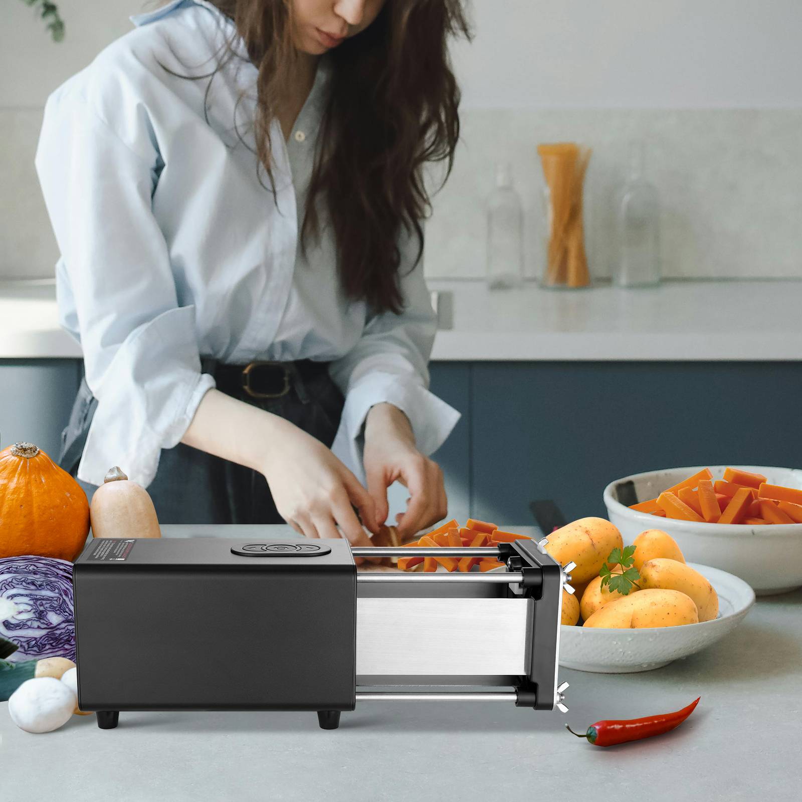 Rteonline Coupe Frite Professionnel, Coupe Frites Acier Inoxydable Decoupe Frite avec Lames de 9mm et 12mm - Maison