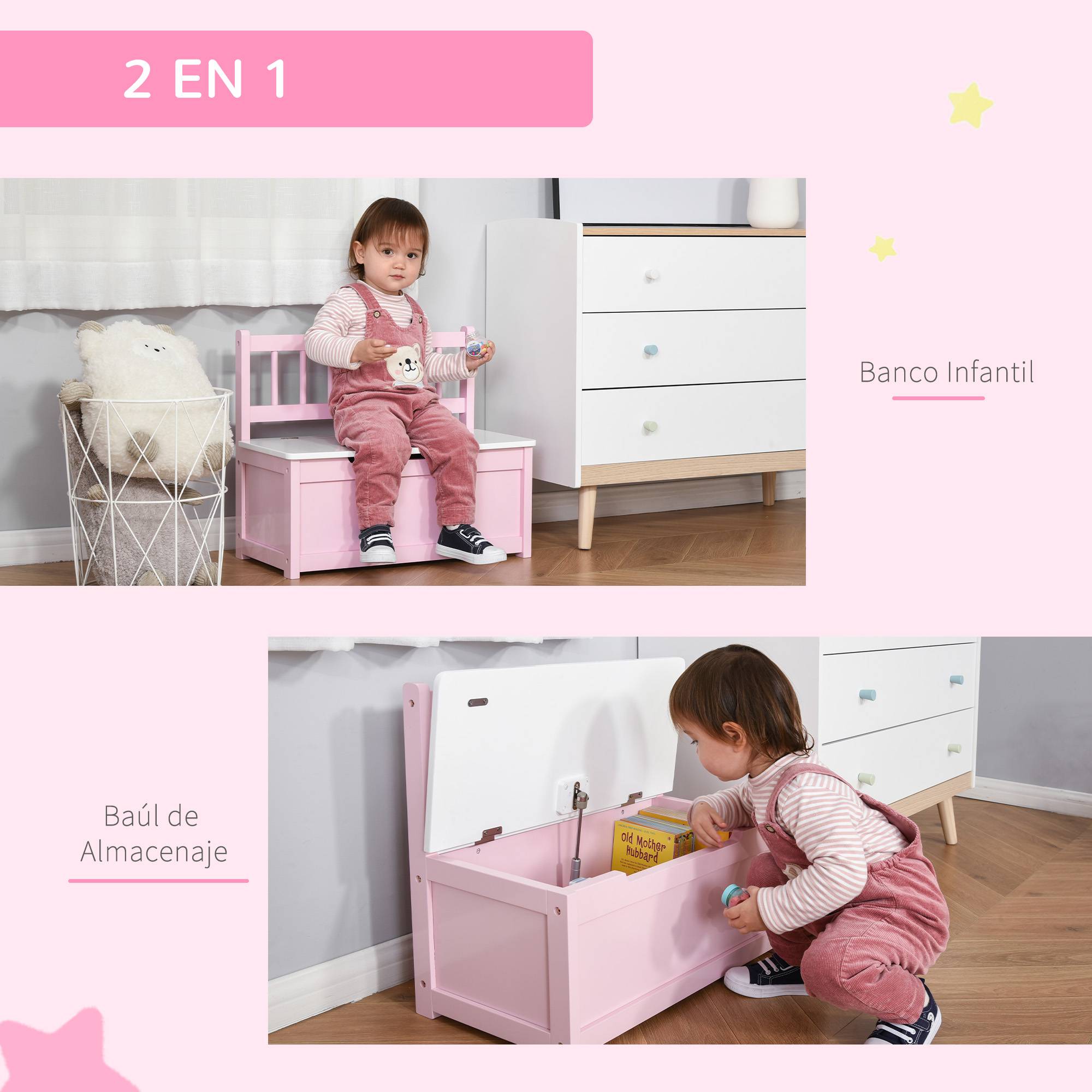 Banc coffre rose et blanc couvercle amorti charge maximale 40 kg salle de jeu enfant 60 × 30 × 50 cm - Image 7