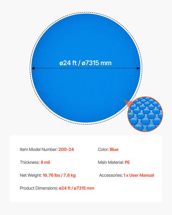 Vevor - VEVOR Bâche solaire ronde 7,32 m, 0,2 mm PE, bâche à bulles bleu, chauffe et conserve la chaleur, réduit évaporation et protège la piscine - Image 6