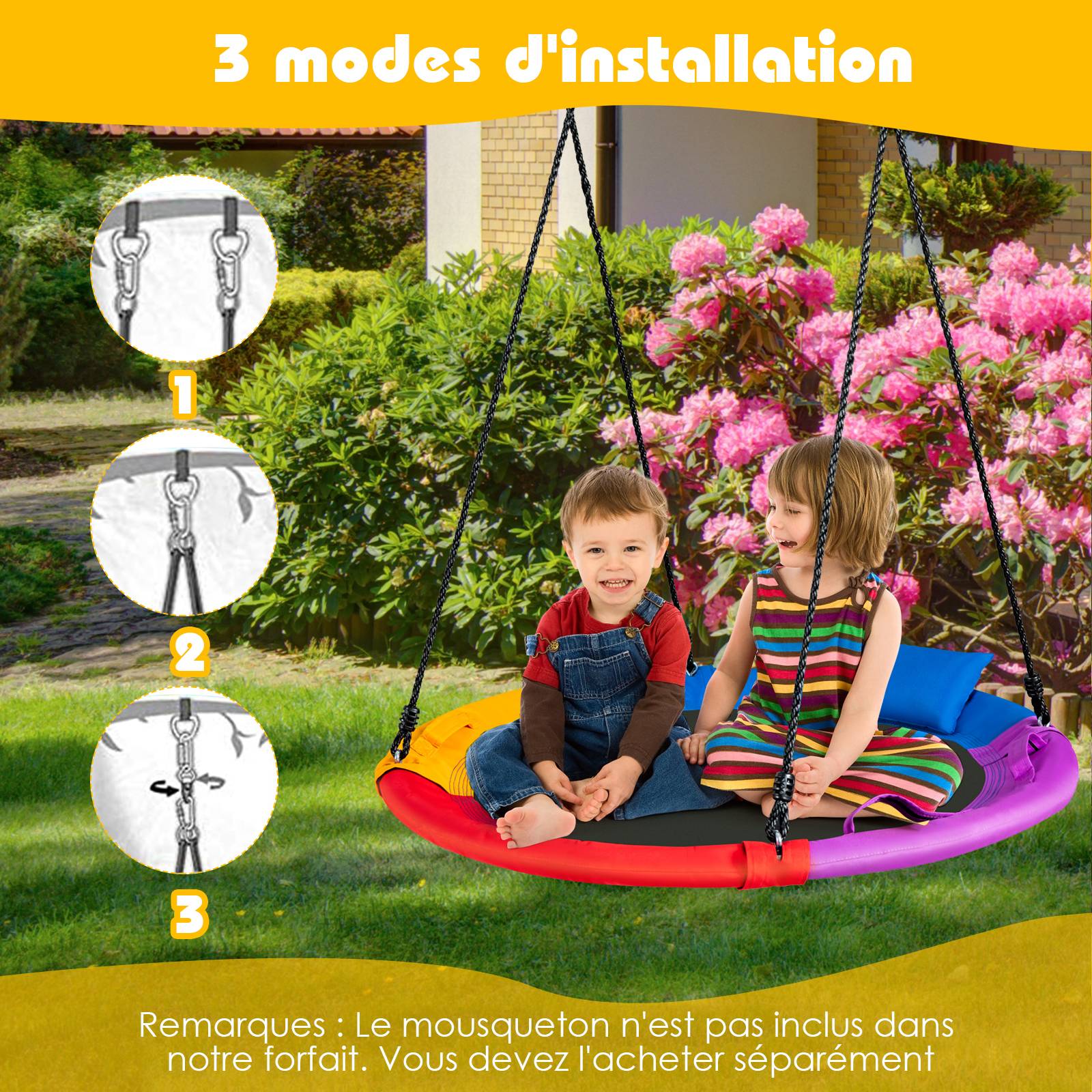 Balançoire nid d'oiseau ronde ø100cm pour enfants, avec oreiller et poignée coloré - Image 7