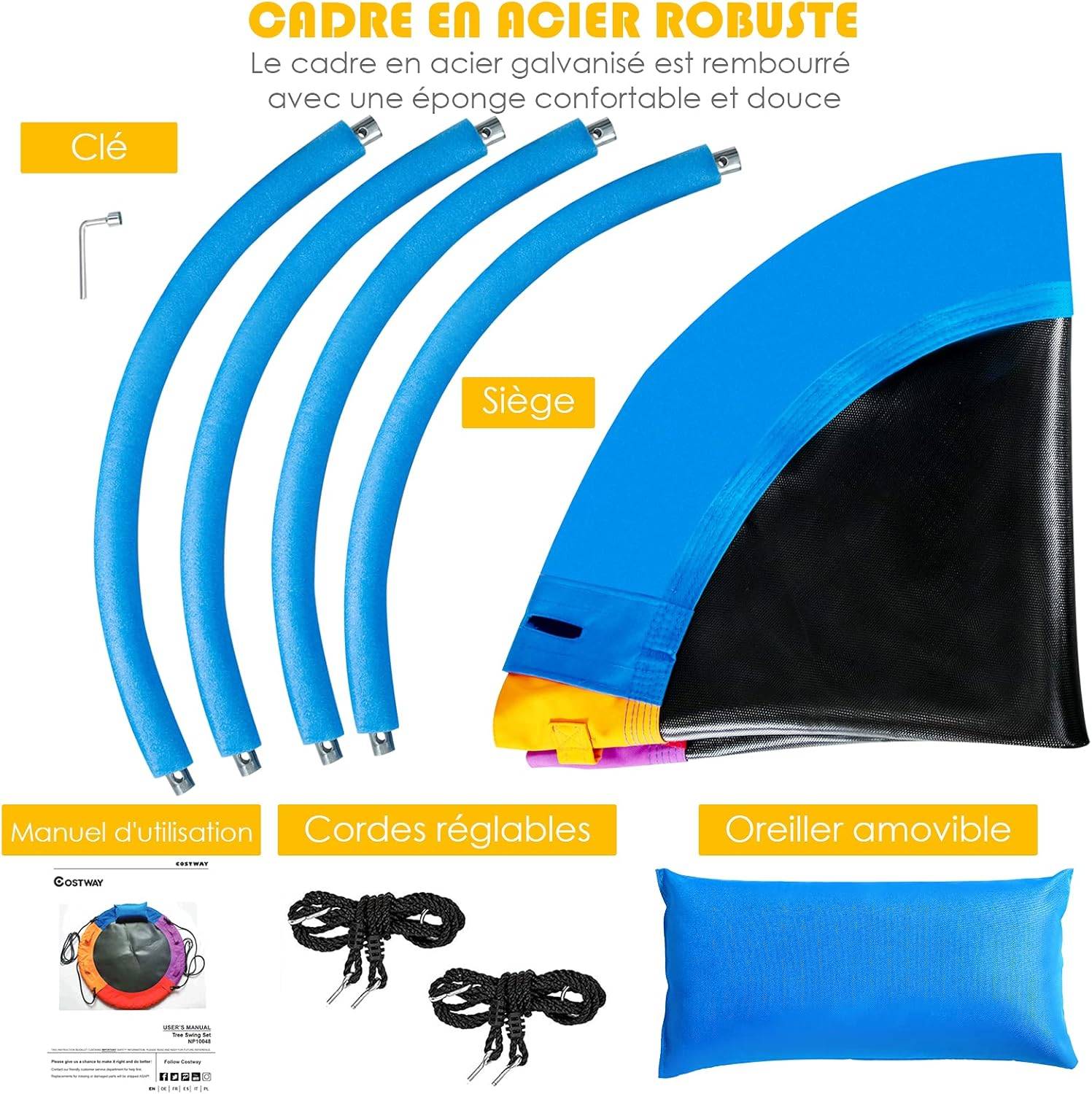 Balançoire nid d'oiseau ronde ø100cm pour enfants, avec oreiller et poignée coloré - Image 3