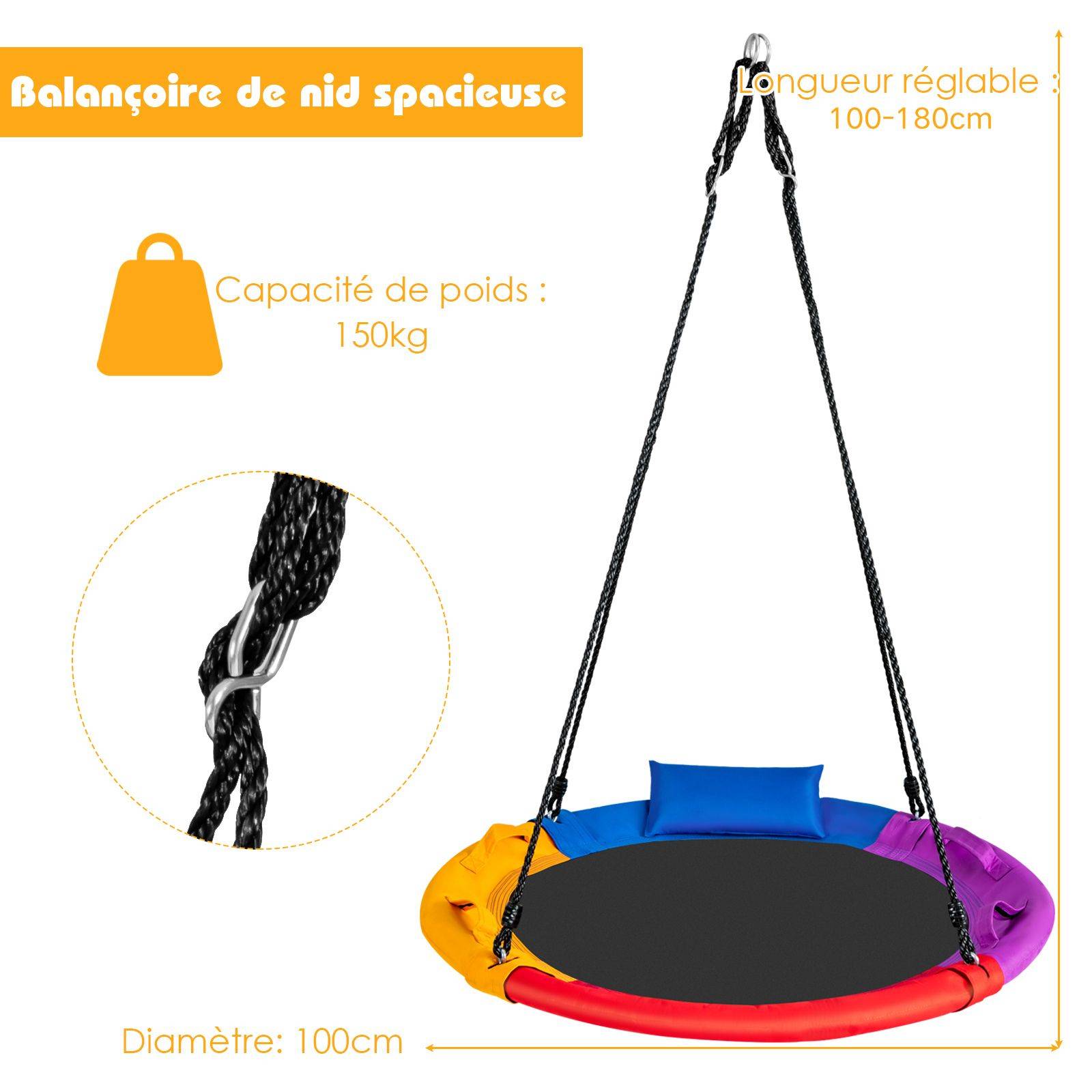 Balançoire nid d'oiseau ronde ø100cm pour enfants, avec oreiller et poignée coloré - Image 2
