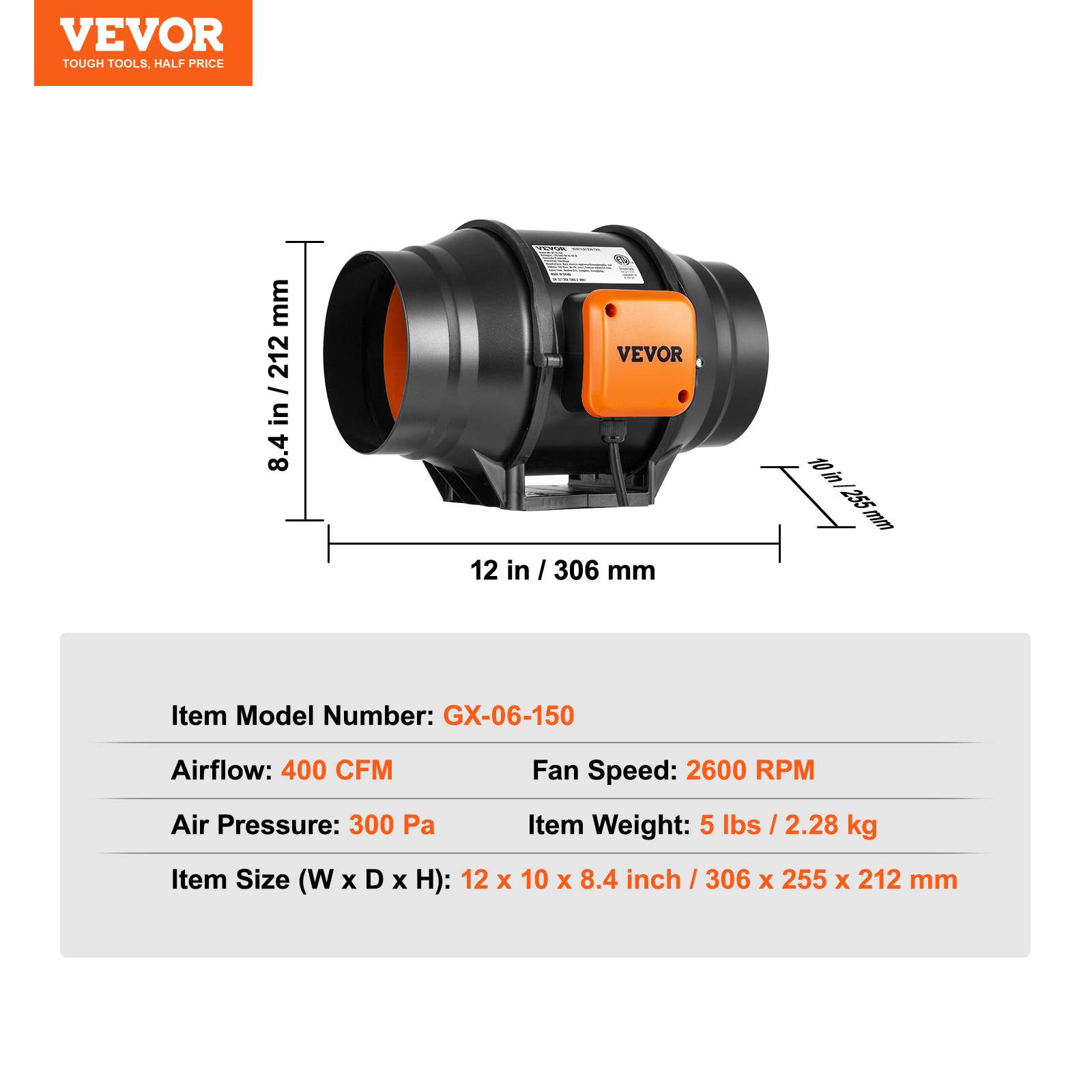 VEVOR Ventilateur de conduit 152.4mm, silencieux 550 m³/h, vitesse variable, pour culture hydroponique. - Image 7