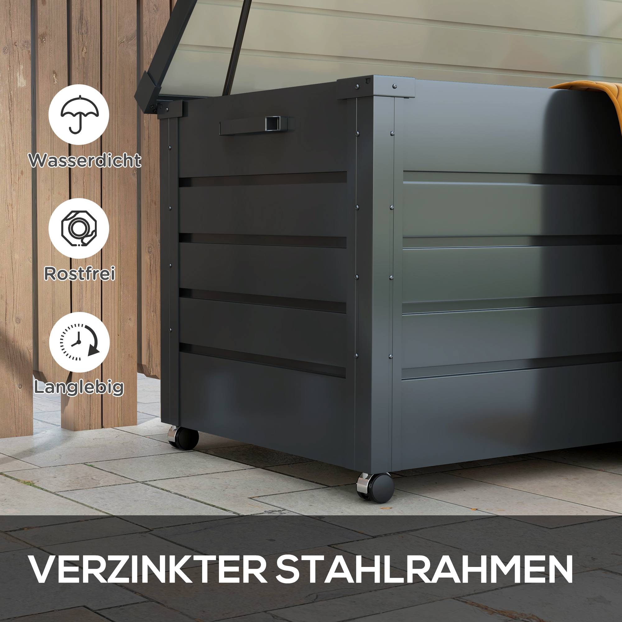 ComfortXL - Coffre de rangement jardin en acier galvanisé 311 L gris foncé 120 x 62 x 66 cm mobile et verrouillable - Image 5