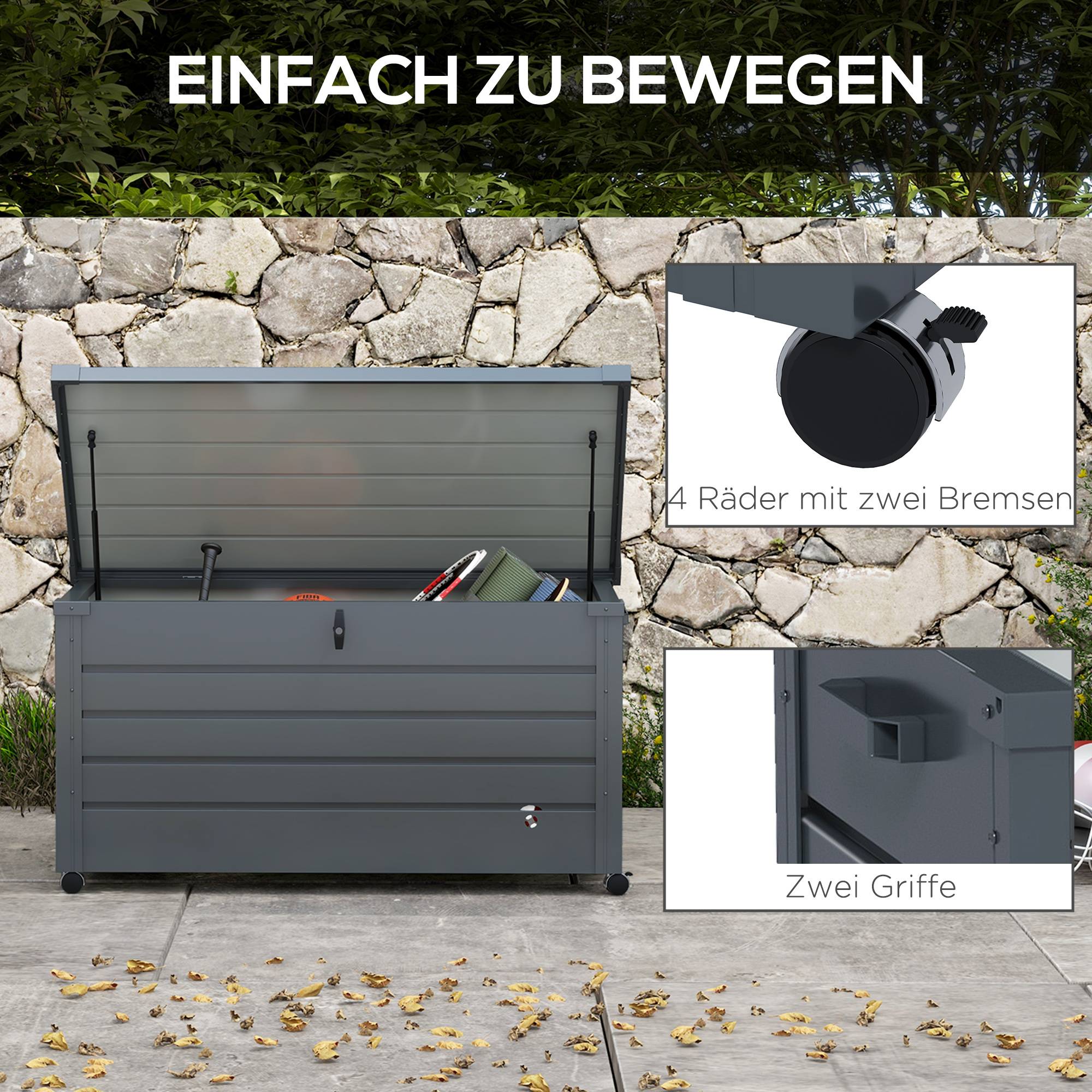 ComfortXL - Coffre de rangement jardin en acier galvanisé 311 L gris foncé 120 x 62 x 66 cm mobile et verrouillable - Image 4