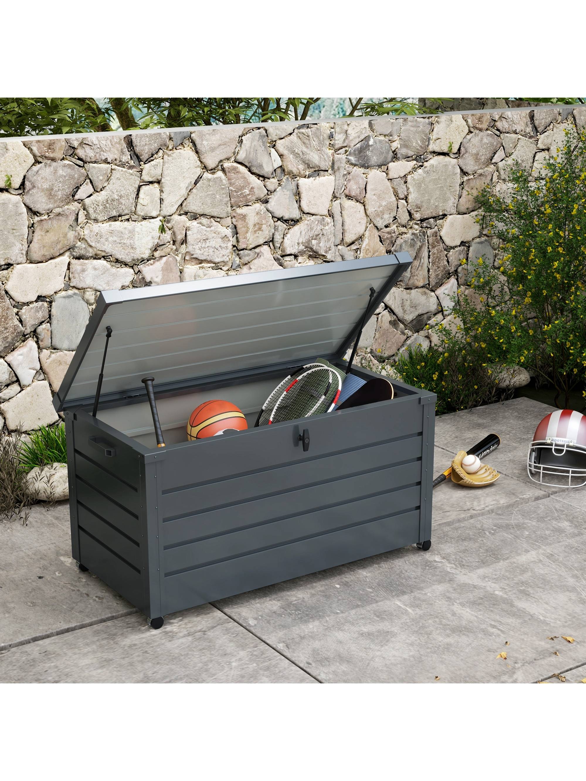 ComfortXL - Coffre de rangement jardin en acier galvanisé 311 L gris foncé 120 x 62 x 66 cm mobile et verrouillable - Image 10