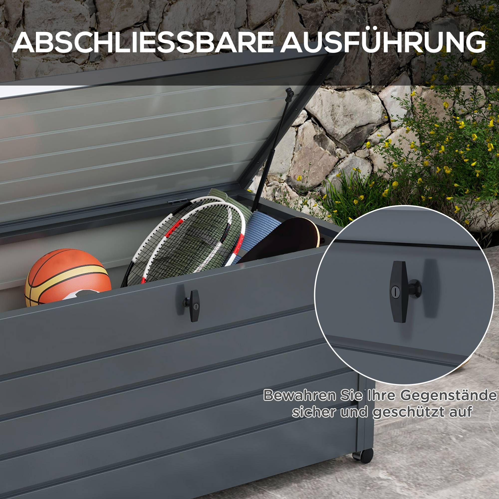 ComfortXL - Coffre de rangement jardin en acier galvanisé 311 L gris foncé 120 x 62 x 66 cm mobile et verrouillable - Image 7