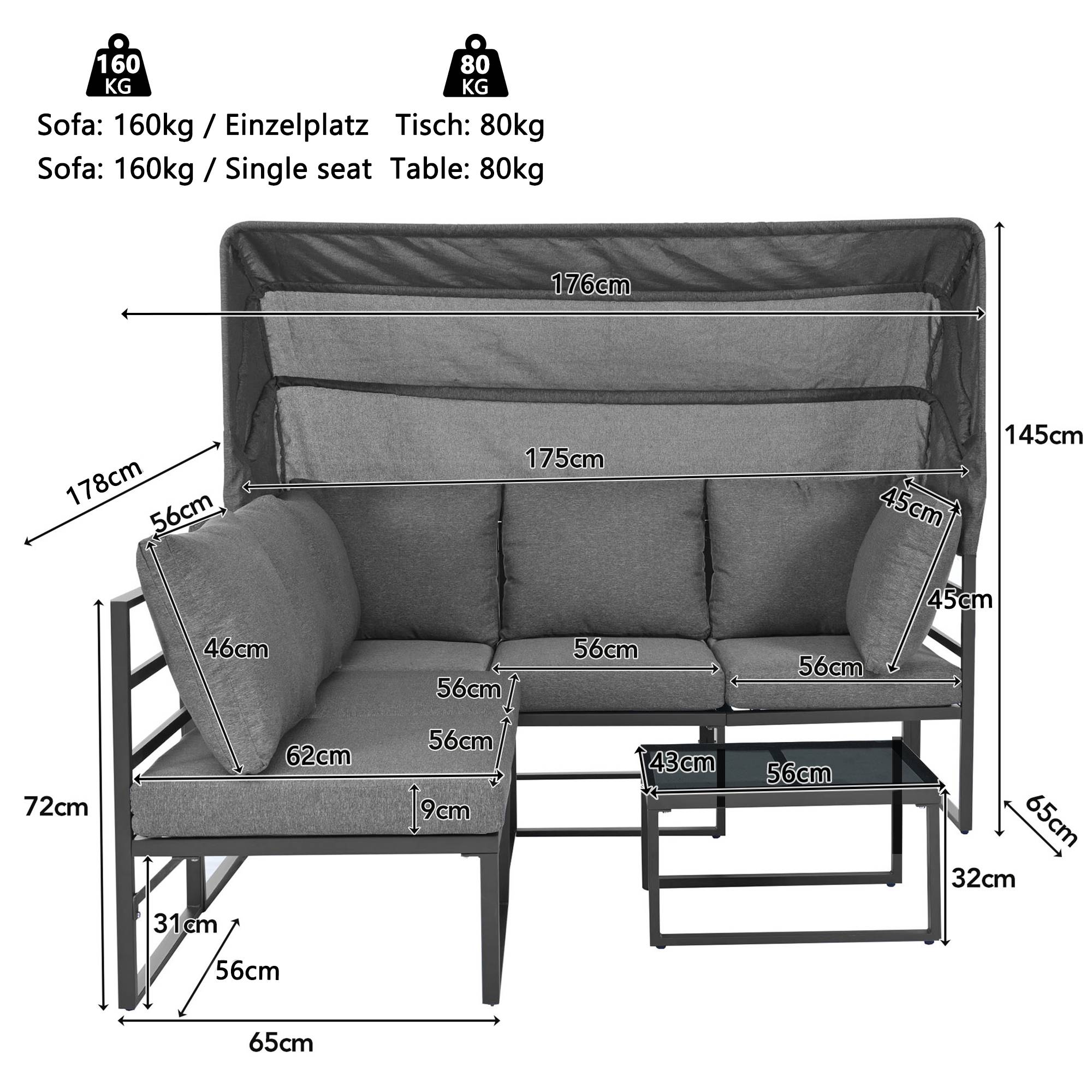 Salon Jardin Modulable Acier Auvent Rétractable 4 Pièces Coussins 9cm Gris - ComfortXL Outdoor Living - Image 3