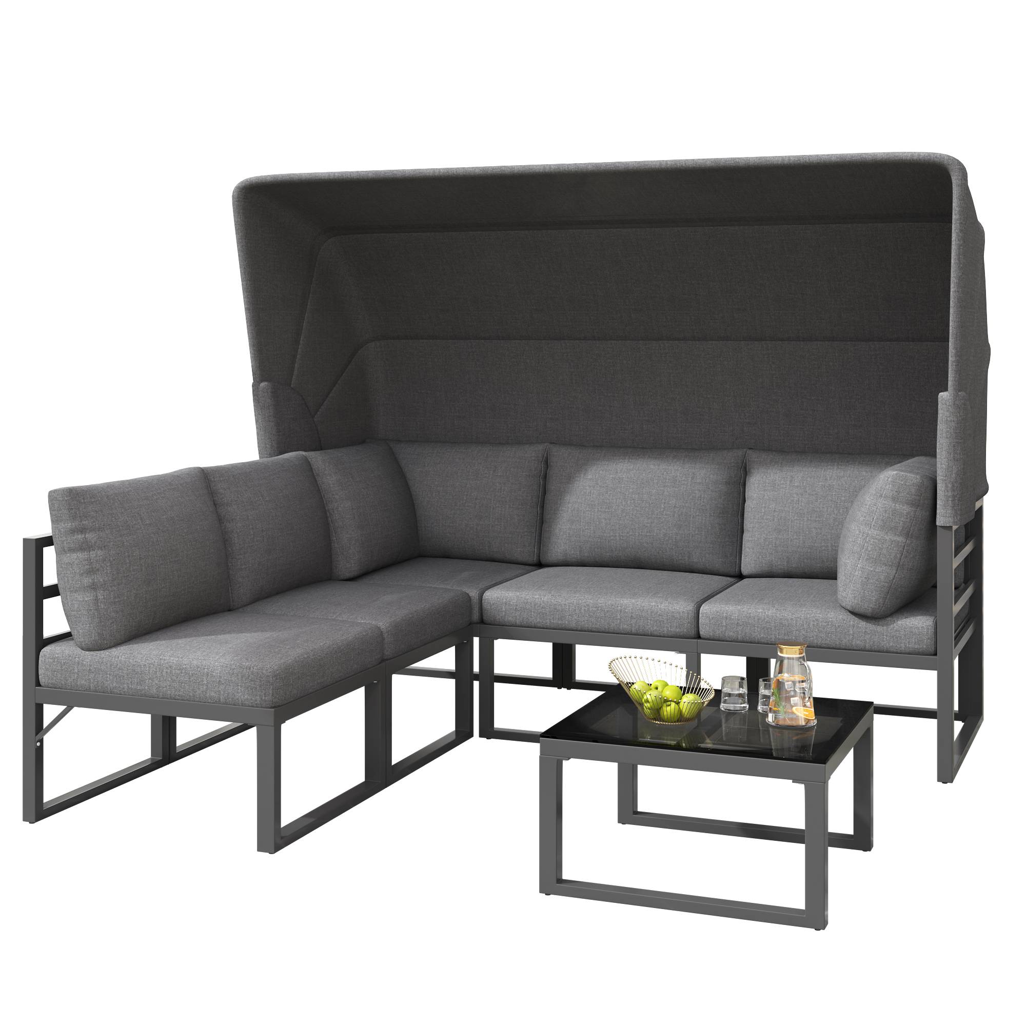 Salon Jardin Modulable Acier Auvent Rétractable 4 Pièces Coussins 9cm Gris - ComfortXL Outdoor Living - Image 2