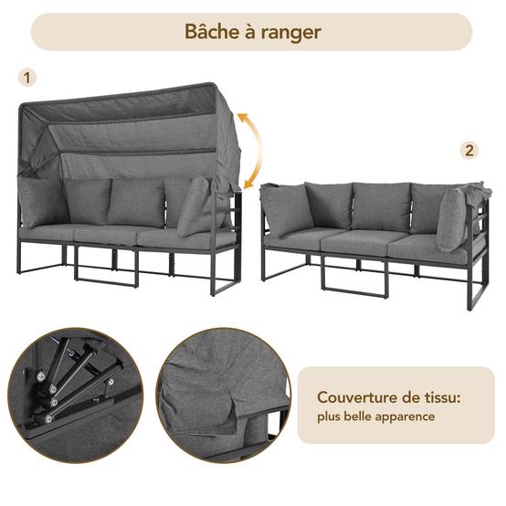 Salon Jardin Modulable Acier Auvent Rétractable 4 Pièces Coussins 9cm Gris - ComfortXL Outdoor Living - Image 5