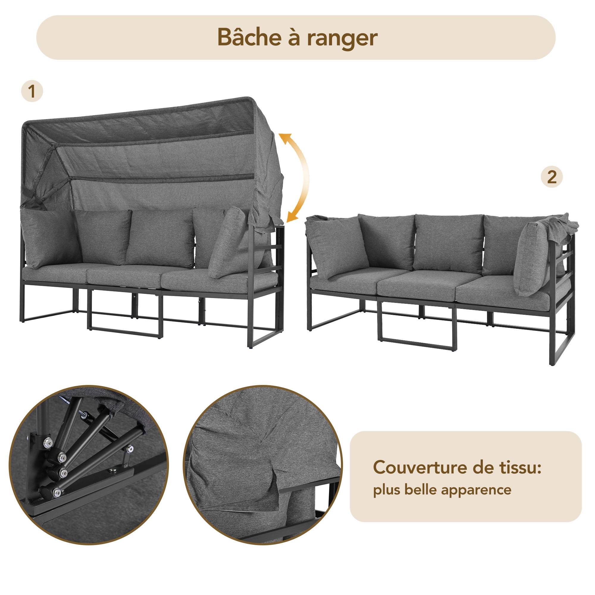 Salon Jardin Modulable Acier Auvent Rétractable 4 Pièces Coussins 9cm Gris - ComfortXL Outdoor Living - Image 5