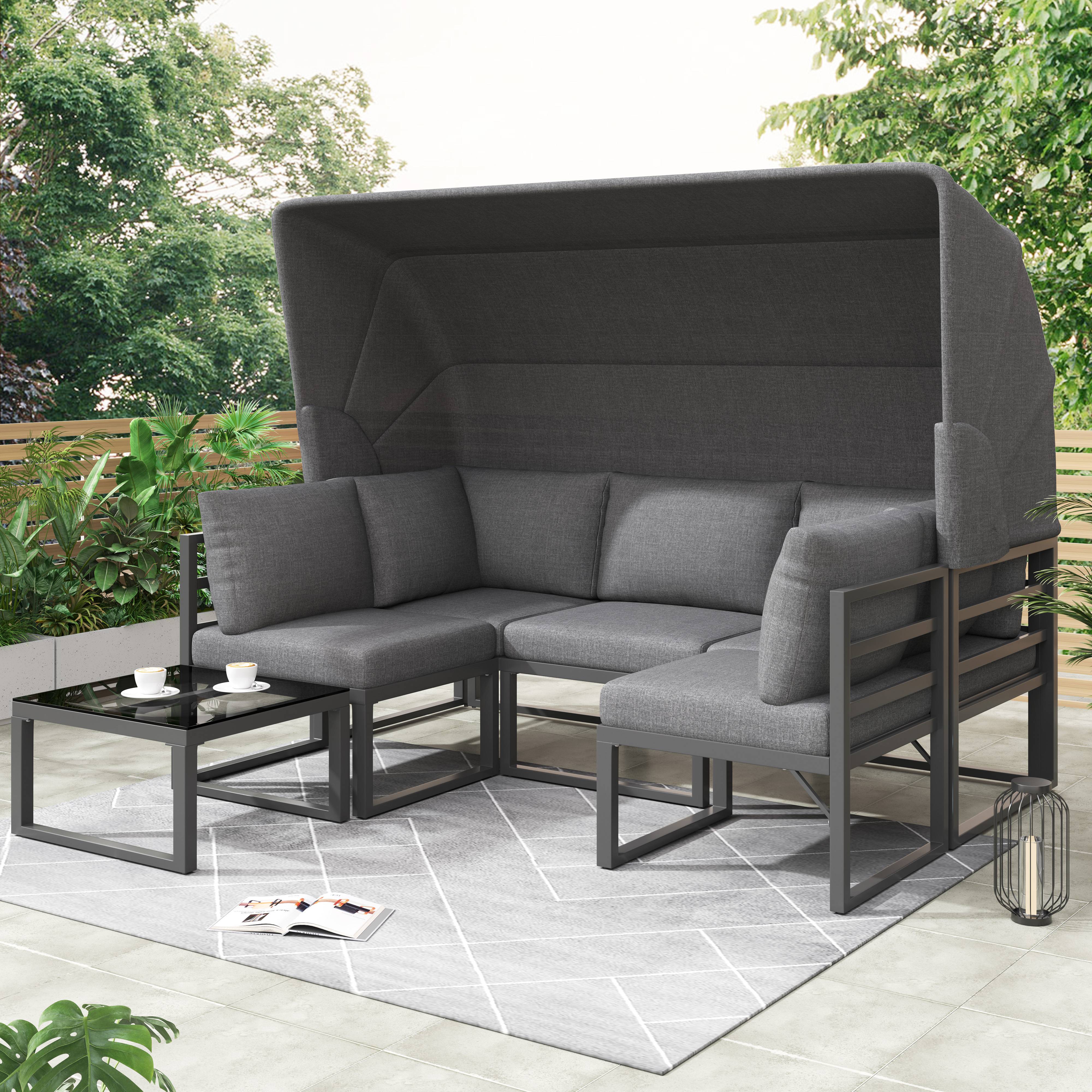 Salon Jardin Modulable Acier Auvent Rétractable 4 Pièces Coussins 9cm Gris - ComfortXL Outdoor Living - Image 1