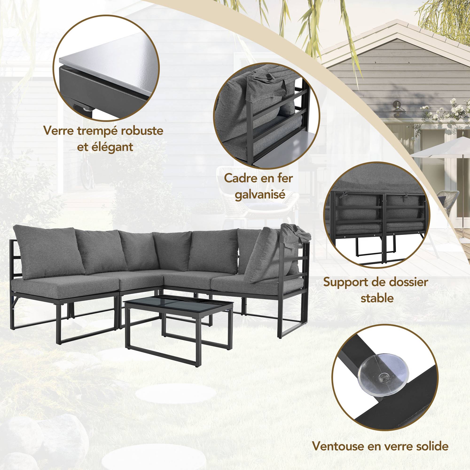 Salon Jardin Modulable Acier Auvent Rétractable 4 Pièces Coussins 9cm Gris - ComfortXL Outdoor Living - Image 4