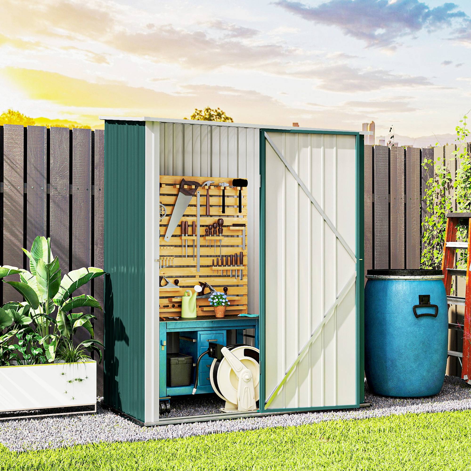 ComfortXL - Armoire de jardin métal rangement outillage extérieur toit incliné 161x94x196cm vert - ComfortXL Outdoor Living - Image 4