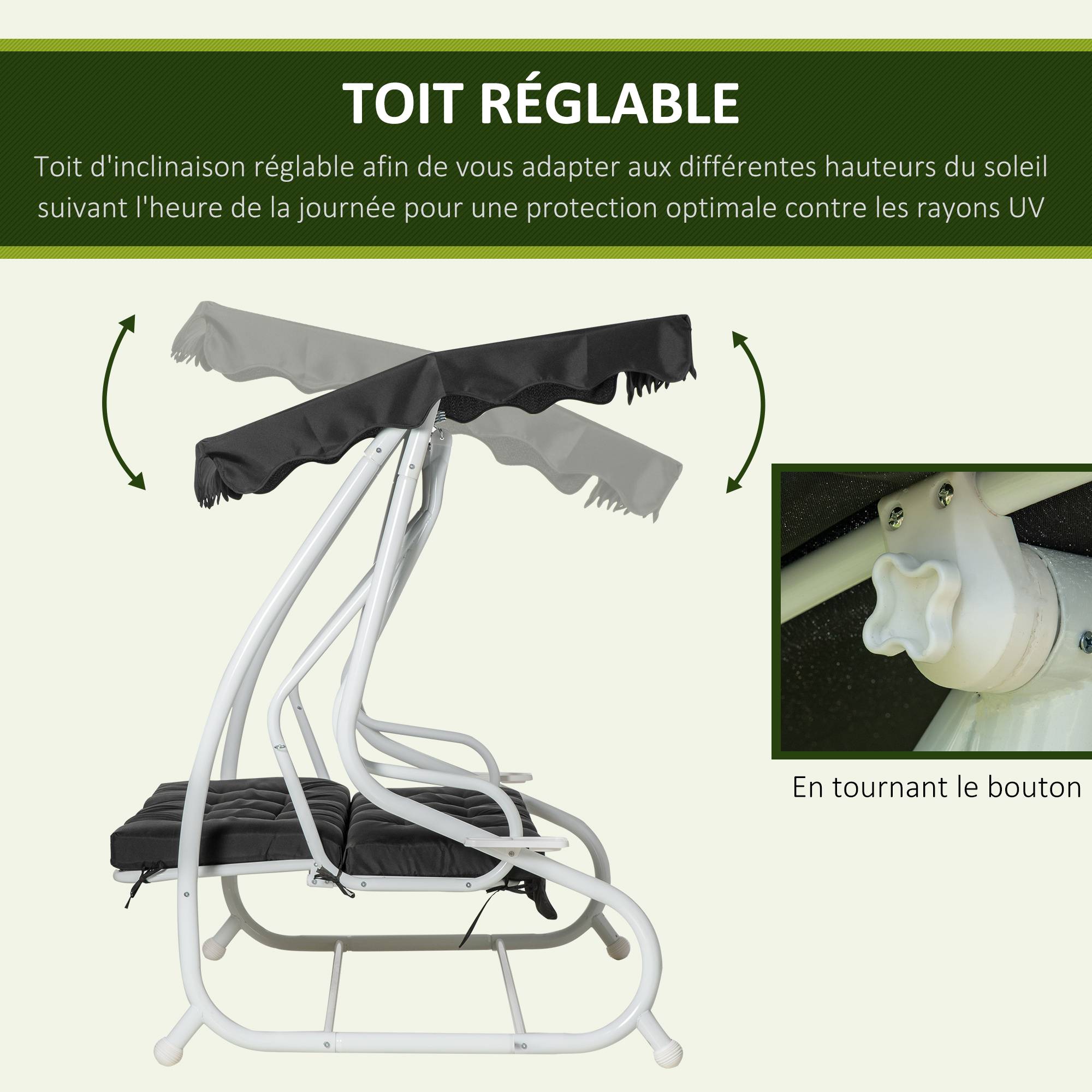 Outsunny - Balancelle de jardin convertible 2 places toit inclinaison réglable coussins inclus plateaux porte-gobelets acier polyester noir - Outsunny - Image 5