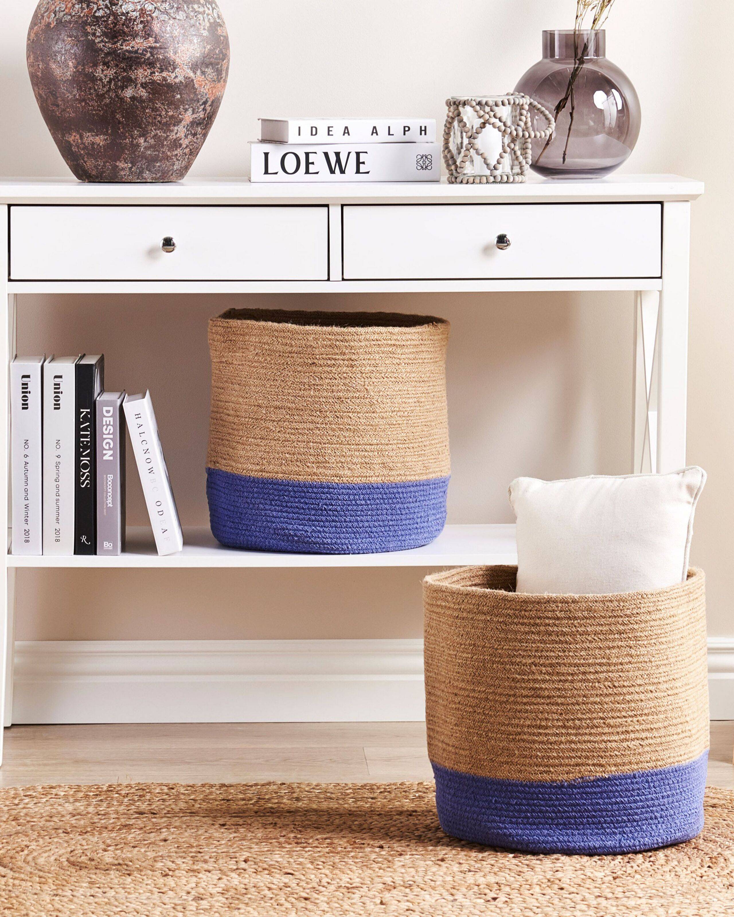 Paniers Beige et Violet en Jute Rond 34/37 cm Corbeille à Linge Tressée Rangement pour Intérieur Minimaliste Boîte Lot de 2 - Image 2