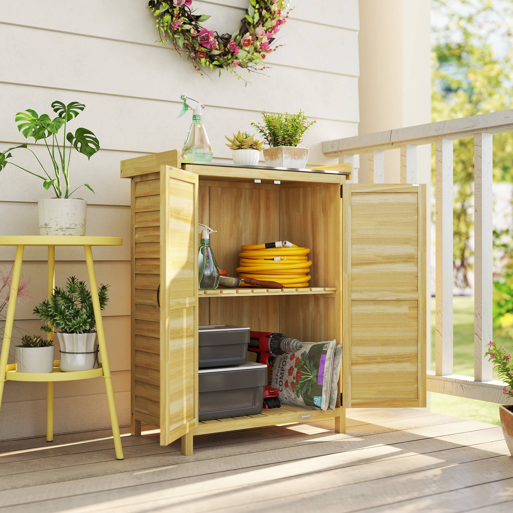 Armoire de Jardin Bois Sapin Rangement Rempotage Plateau Métal 71x39x95cm Naturel - ComfortXL Outdoor Living - Image 3