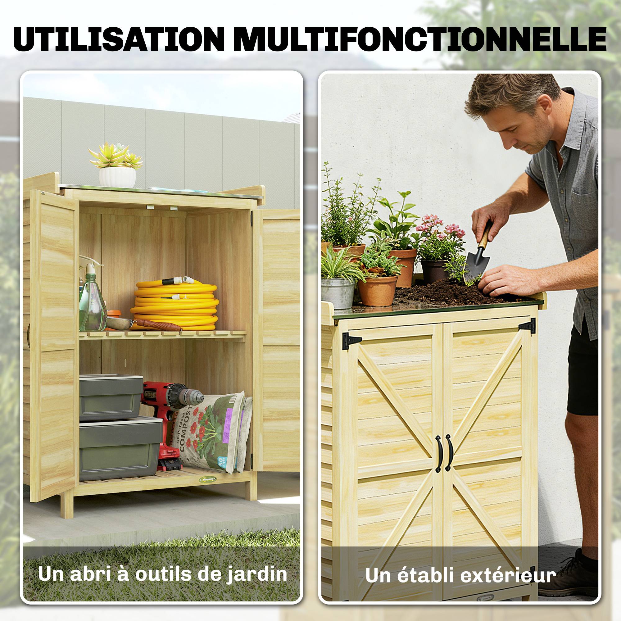 Armoire de Jardin Bois Sapin Rangement Rempotage Plateau Métal 71x39x95cm Naturel - ComfortXL Outdoor Living - Image 6