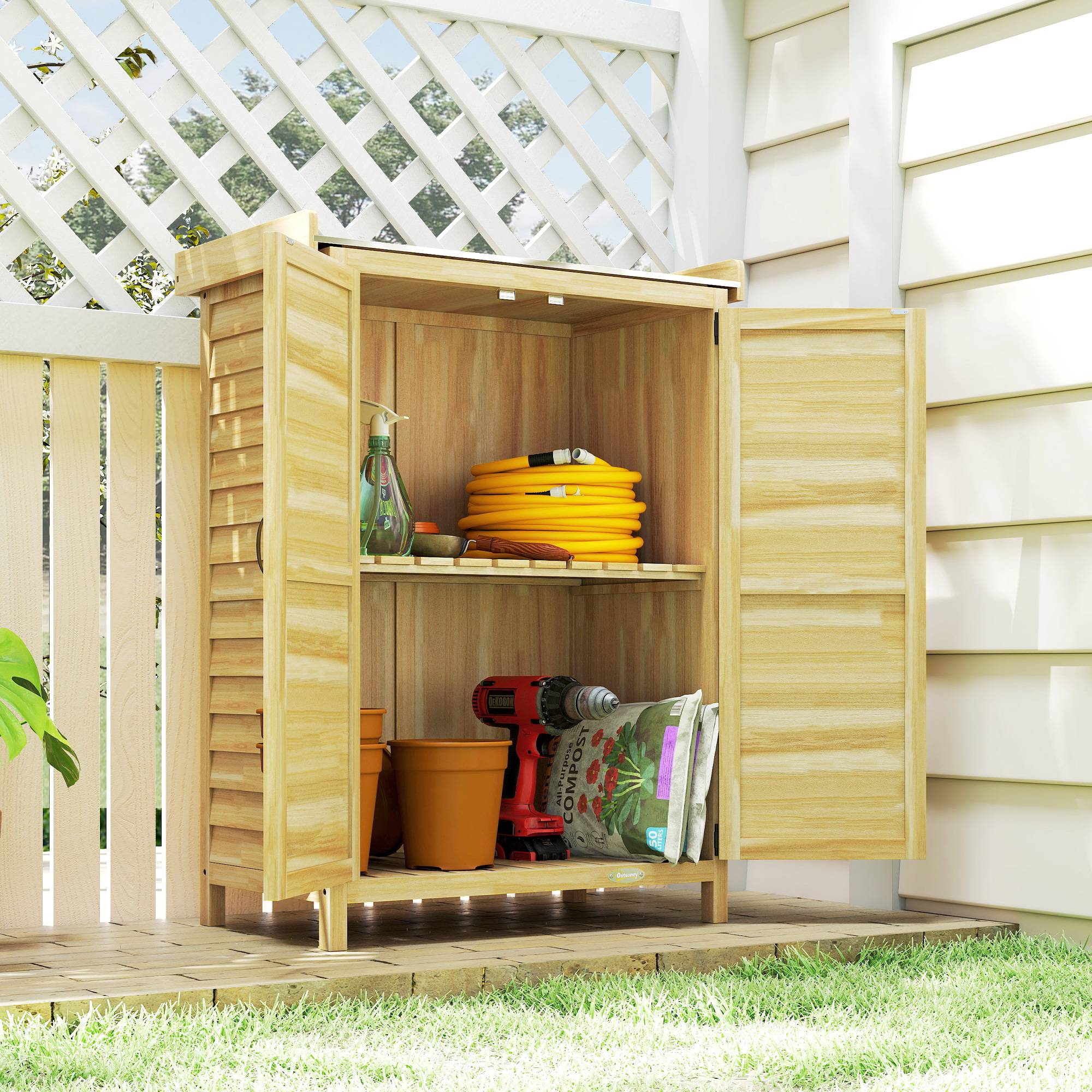 Armoire de Jardin Bois Sapin Rangement Rempotage Plateau Métal 71x39x95cm Naturel - ComfortXL Outdoor Living - Image 4