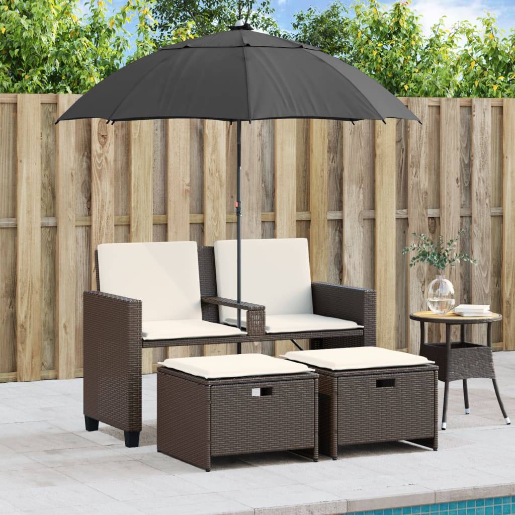 ComfortXL - Canapé Extérieur 2 Personnes Rotin Synthétique avec Parasol et Poufs – Terrasse Brun – ComfortXL Outdoor Living - Image 3