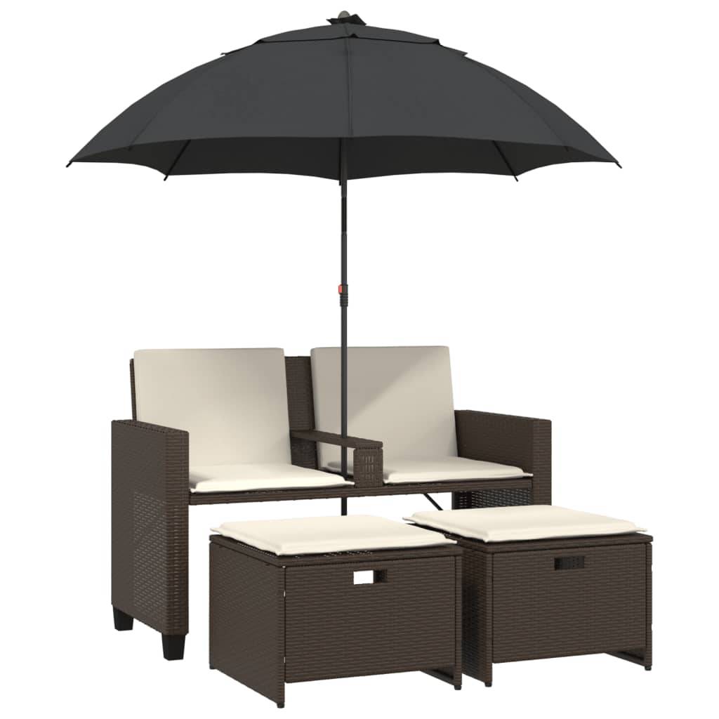 ComfortXL - Canapé Extérieur 2 Personnes Rotin Synthétique avec Parasol et Poufs – Terrasse Brun – ComfortXL Outdoor Living - Image 2