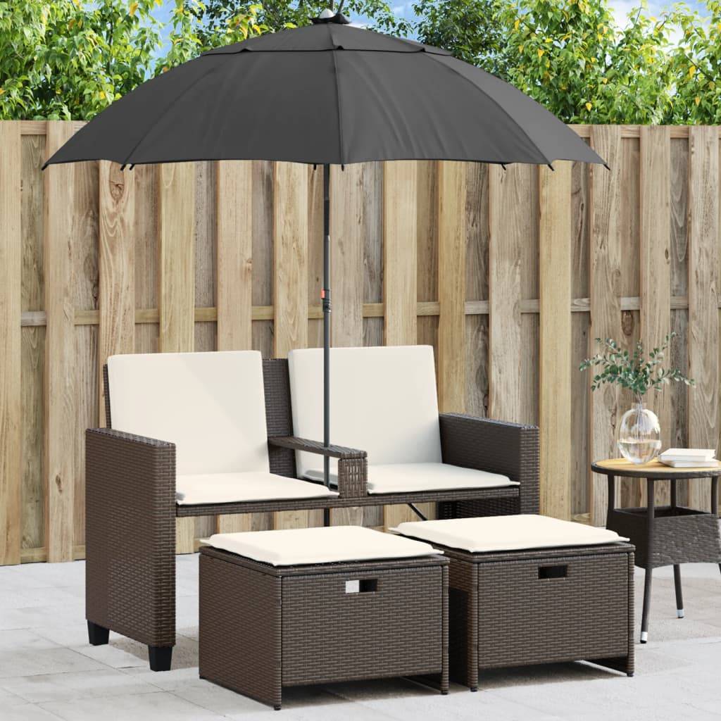ComfortXL - Canapé Extérieur 2 Personnes Rotin Synthétique avec Parasol et Poufs – Terrasse Brun – ComfortXL Outdoor Living - Image 1