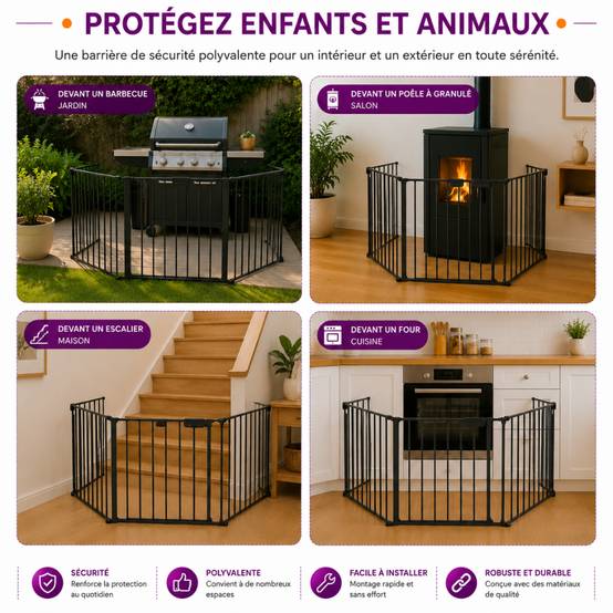 Barrière de sécurité enfant, bébé, animaux - 3 mètres, 5 panneaux - Grille Protection Cheminée Enfant Pliable - Barrière Poêle à Bois - FACILITYS - Image 6