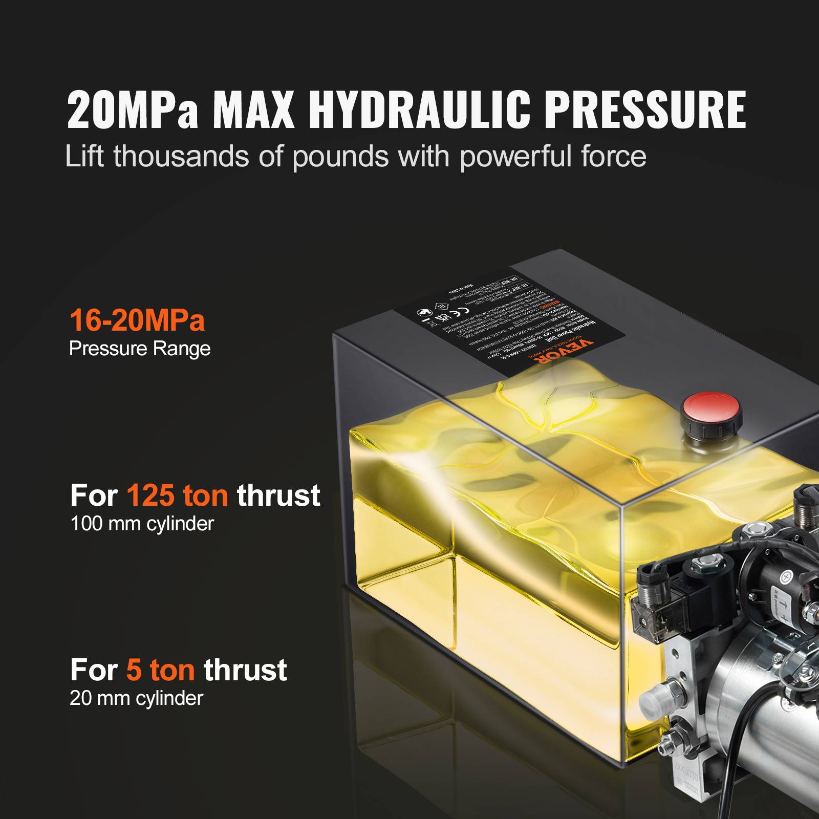 VEVOR Pompe hydraulique DC 12V 8L double effet, débit 3.44 L/min, pression 22 MPa, pour benne basculante/nacelle. - Image 3