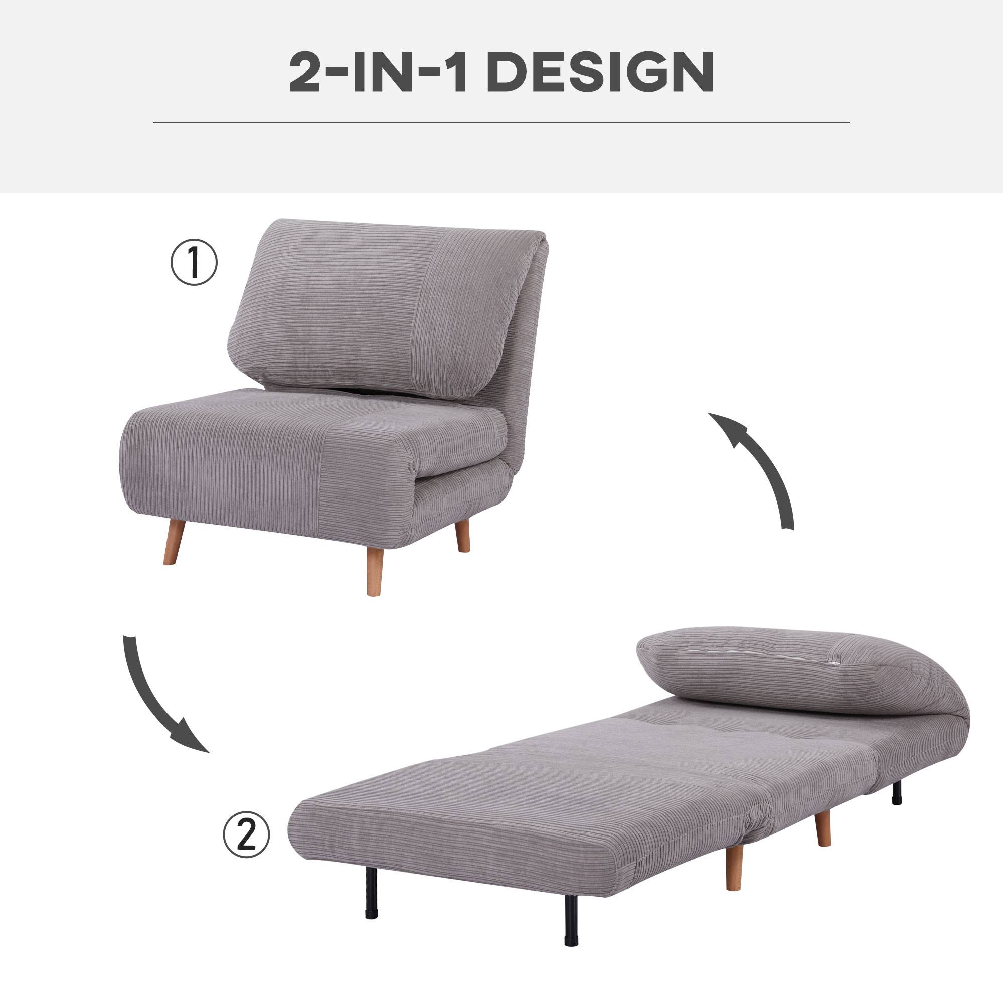 Fauteuil convertible 2 en 1 avec lit d'appoint, appui-tête réglable, aspect velours côtelé, 82 cm x 87 cm x 89 cm, gris - Image 6