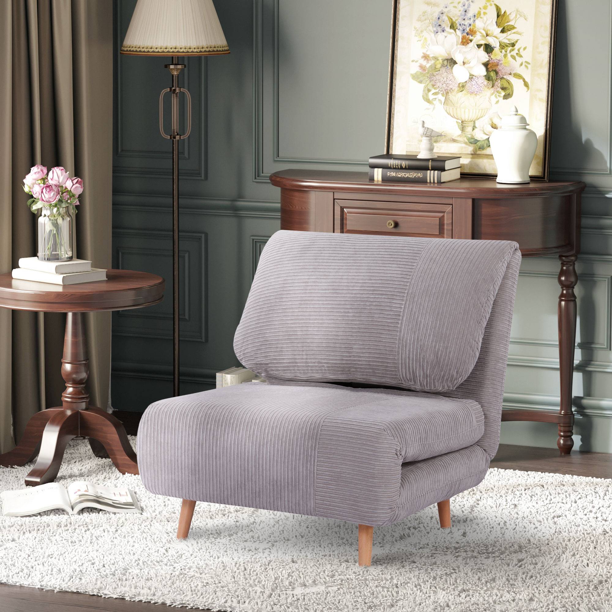 Fauteuil convertible 2 en 1 avec lit d'appoint, appui-tête réglable, aspect velours côtelé, 82 cm x 87 cm x 89 cm, gris - Image 4