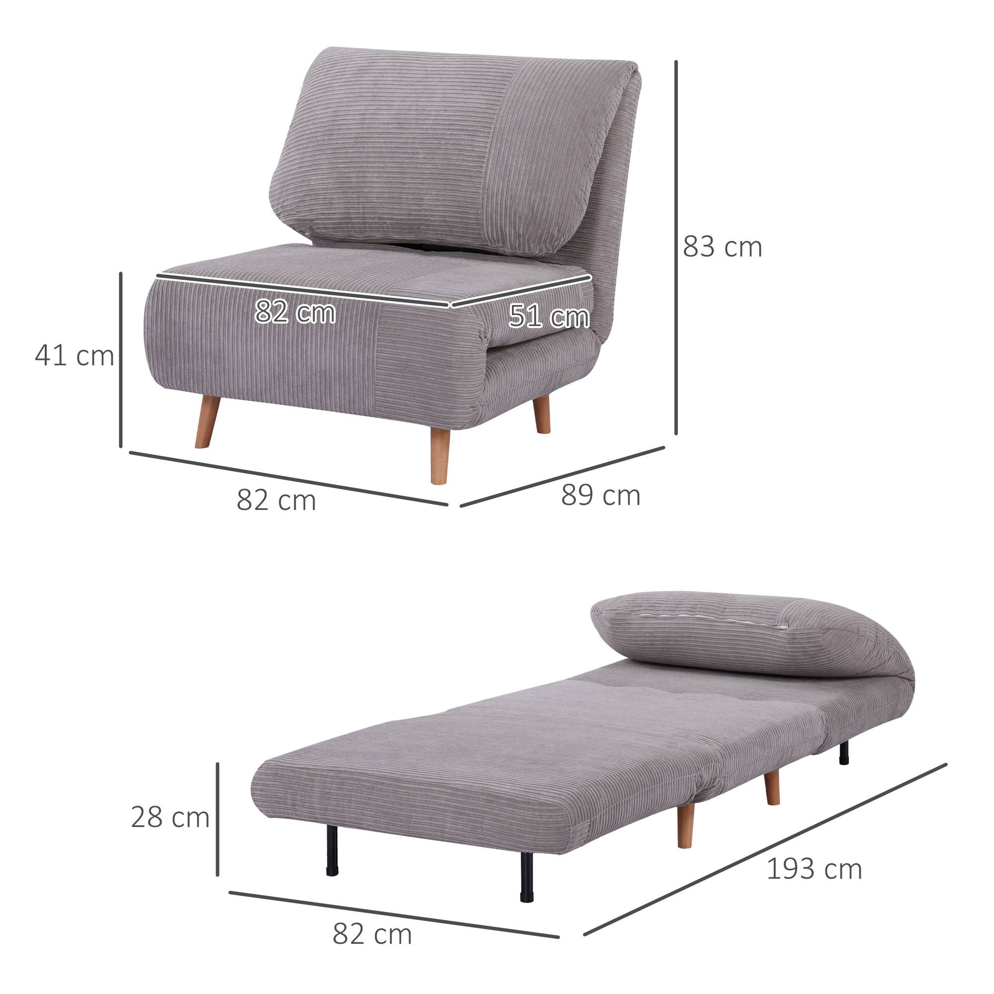 Fauteuil convertible 2 en 1 avec lit d'appoint, appui-tête réglable, aspect velours côtelé, 82 cm x 87 cm x 89 cm, gris - Image 5