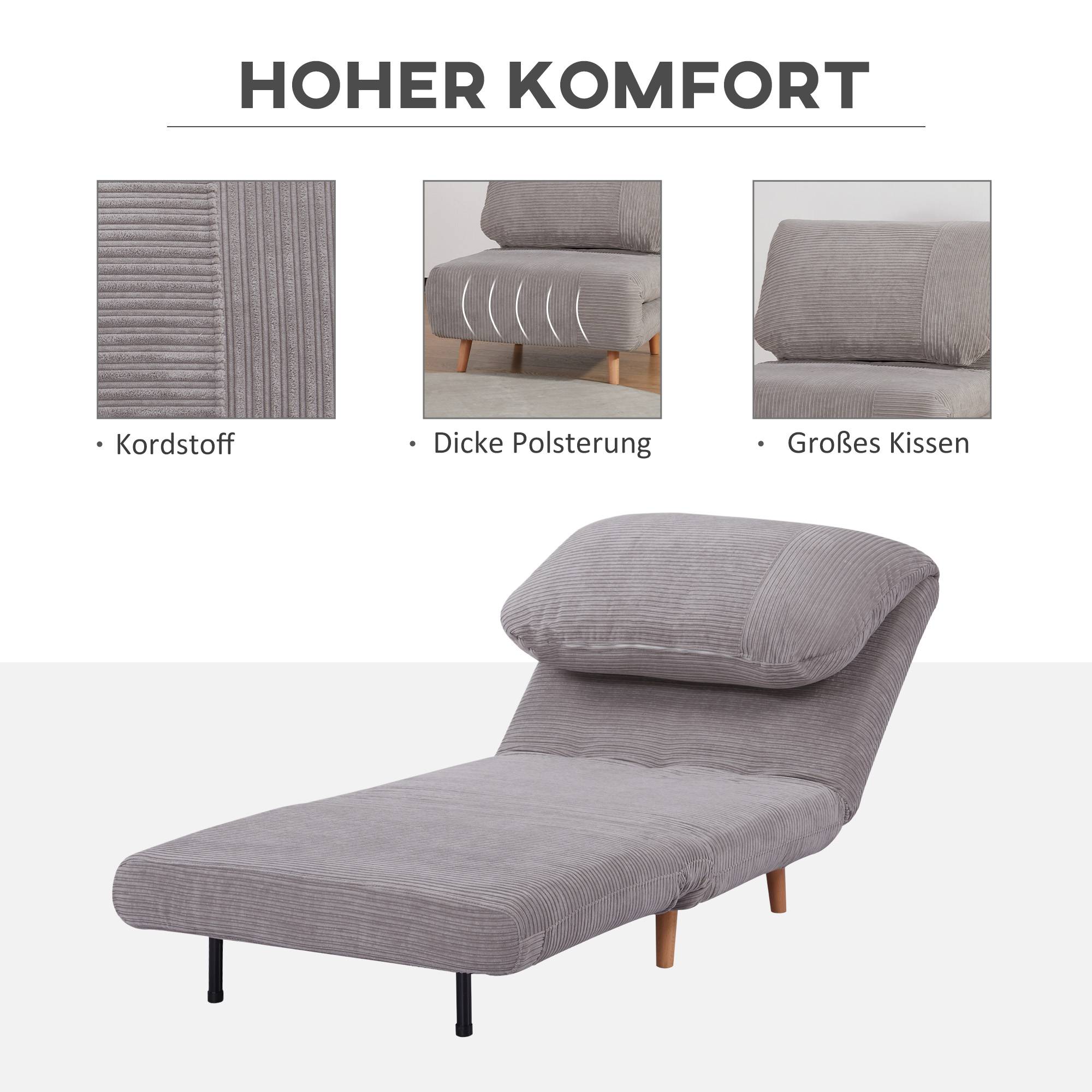 Fauteuil convertible 2 en 1 avec lit d'appoint, appui-tête réglable, aspect velours côtelé, 82 cm x 87 cm x 89 cm, gris - Image 8