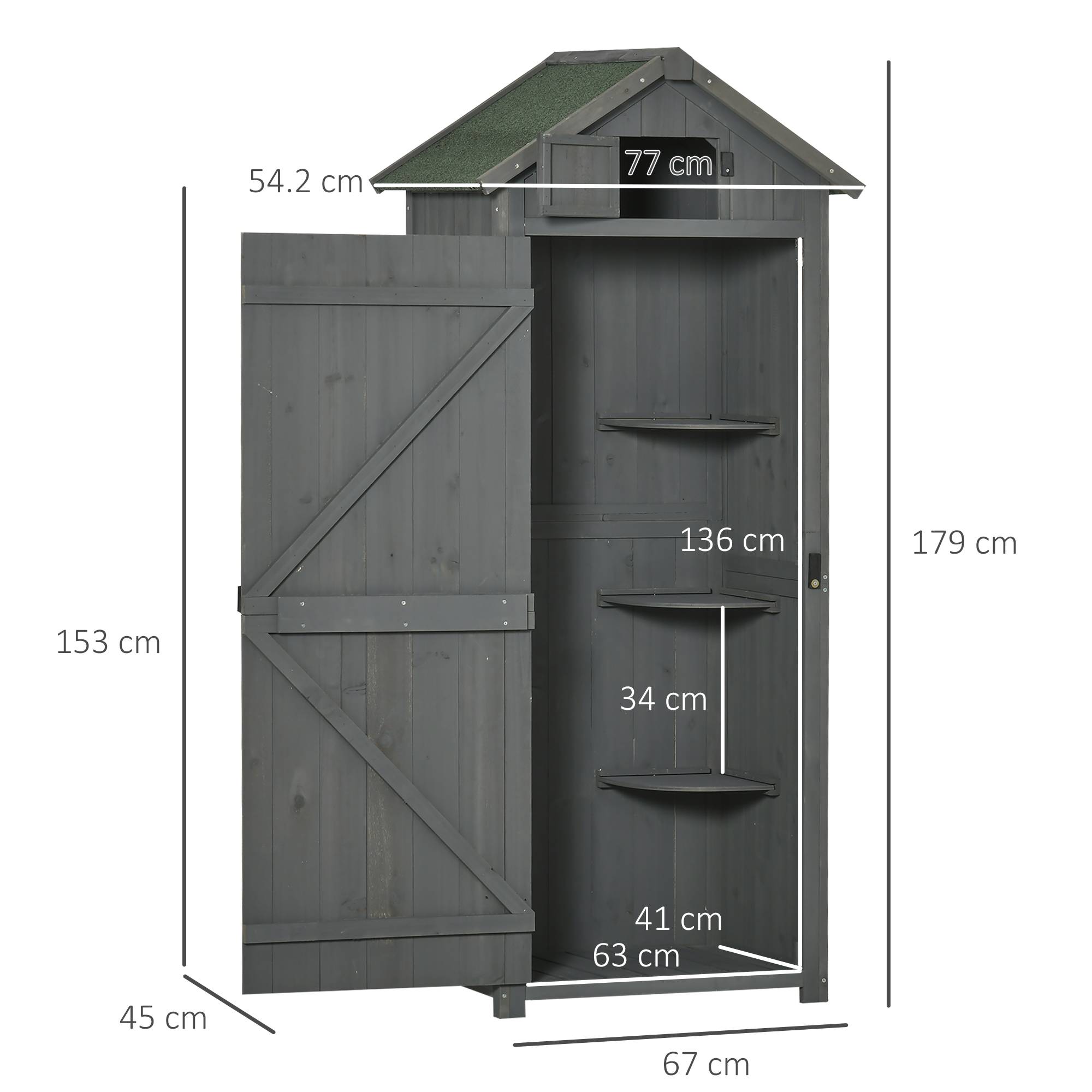 Armoire Jardin Bois Rangement Outils Toit Bitumé Étagères Fenêtre 77x54x179cm - ComfortXL Outdoor Living - Image 3