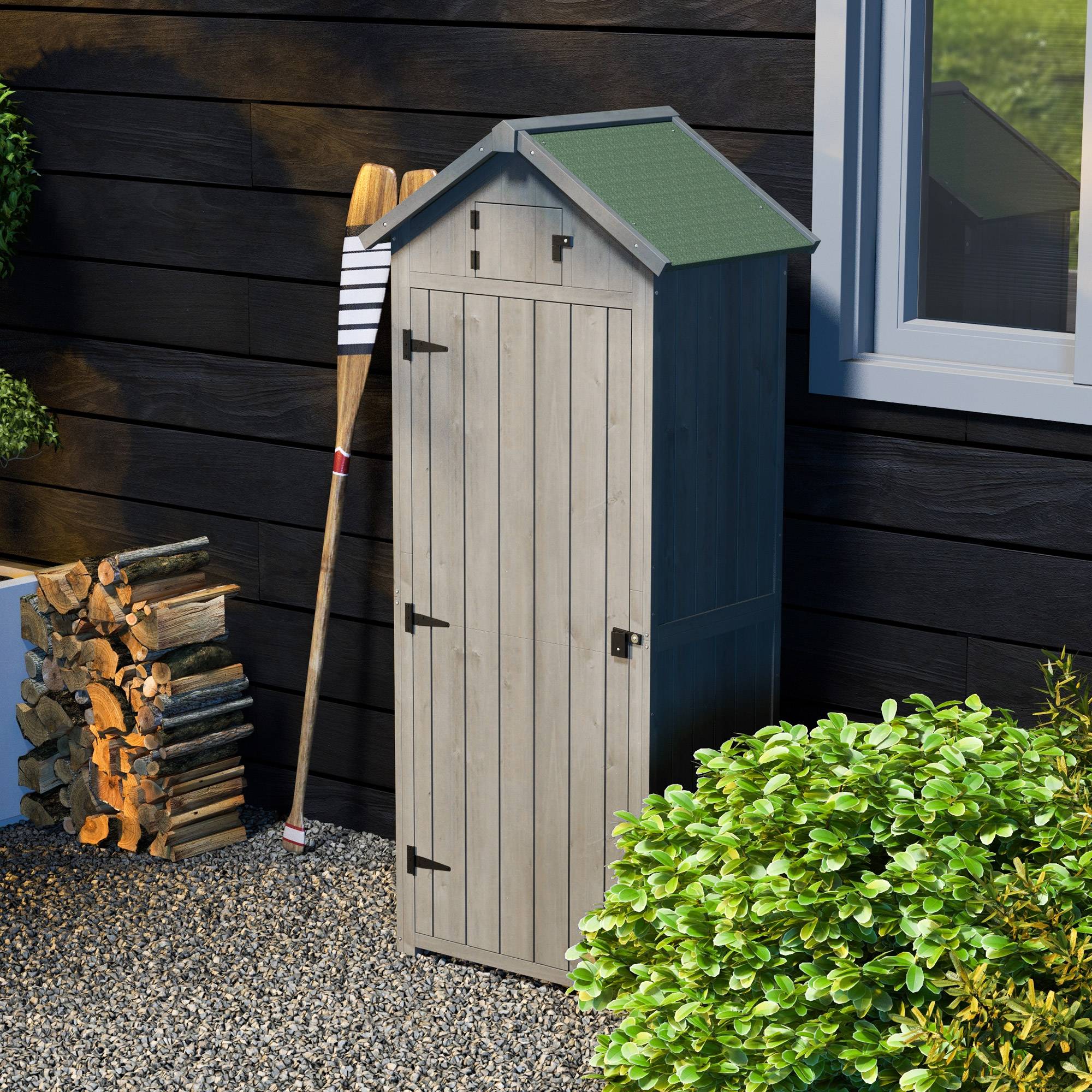 Armoire Jardin Bois Rangement Outils Toit Bitumé Étagères Fenêtre 77x54x179cm - ComfortXL Outdoor Living