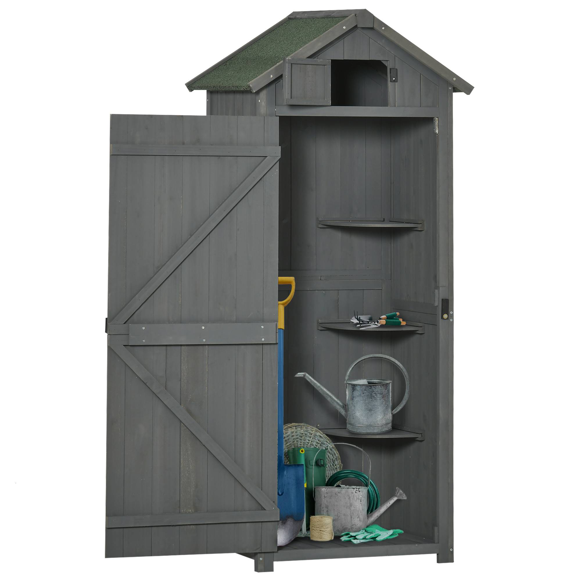 Armoire Jardin Bois Rangement Outils Toit Bitumé Étagères Fenêtre 77x54x179cm - ComfortXL Outdoor Living - Image 2