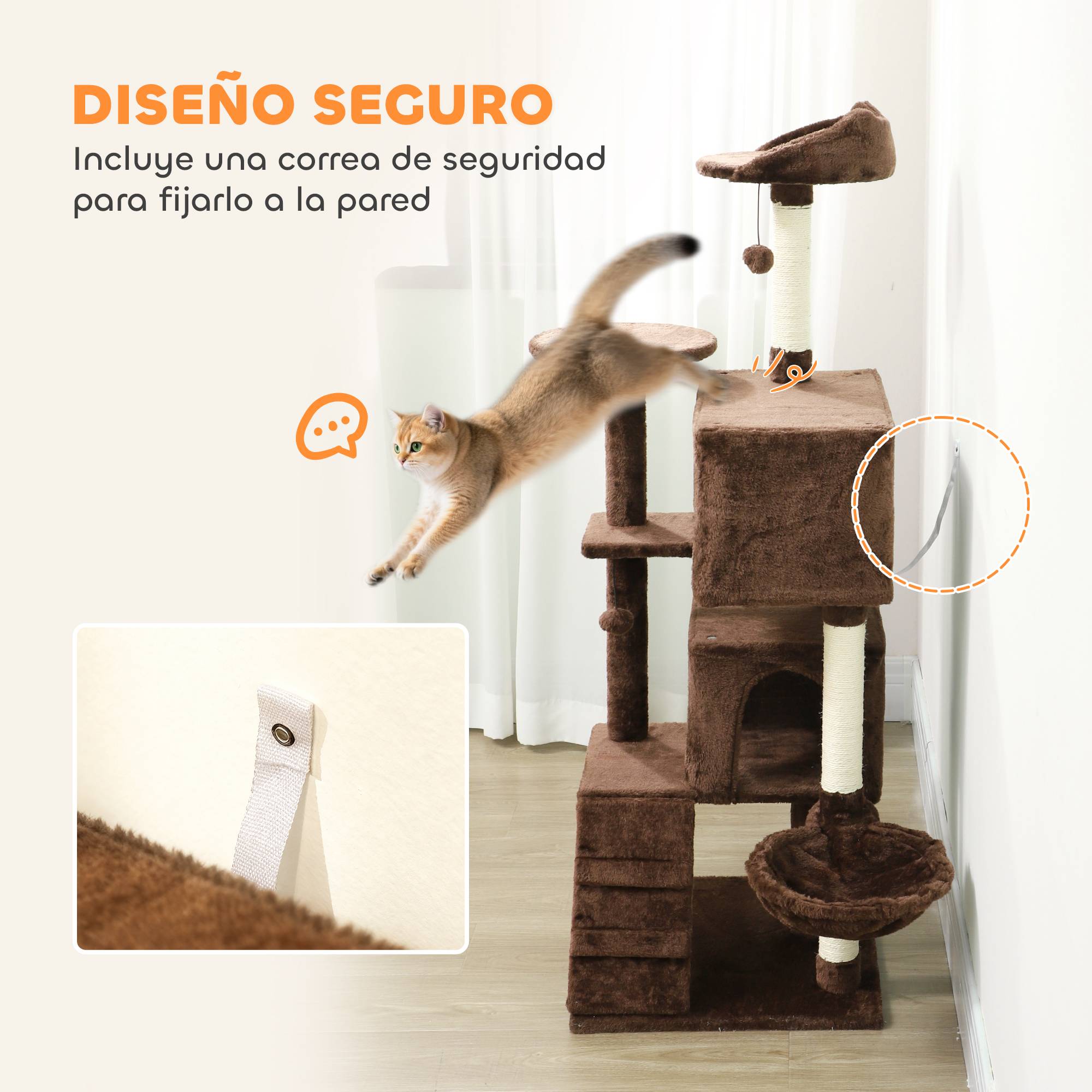 Arbre à chat à griffer 140 cm avec plateformes, lit, 2 niches, hamac, échelle, poteaux en sisal marron - Image 8