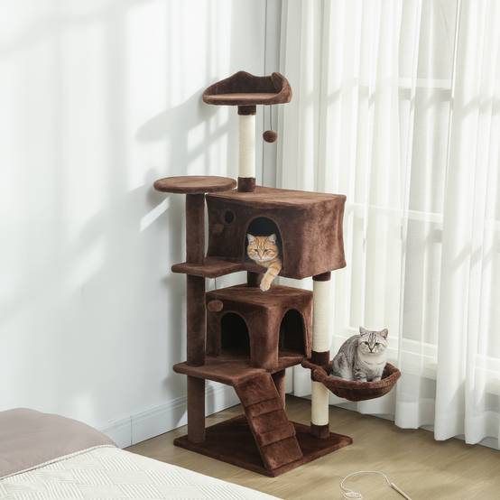 Arbre à chat à griffer 140 cm avec plateformes, lit, 2 niches, hamac, échelle, poteaux en sisal marron - Image 4